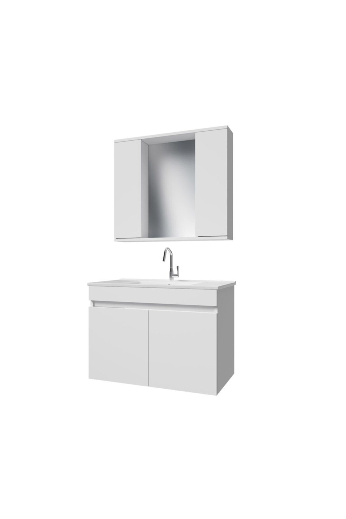 banos Kl3 Ayaksız 2 Kapaklı Lavabolu Beyaz Mdf 85 Cm Banyo Dolabı Aynalı Üst Dolabı