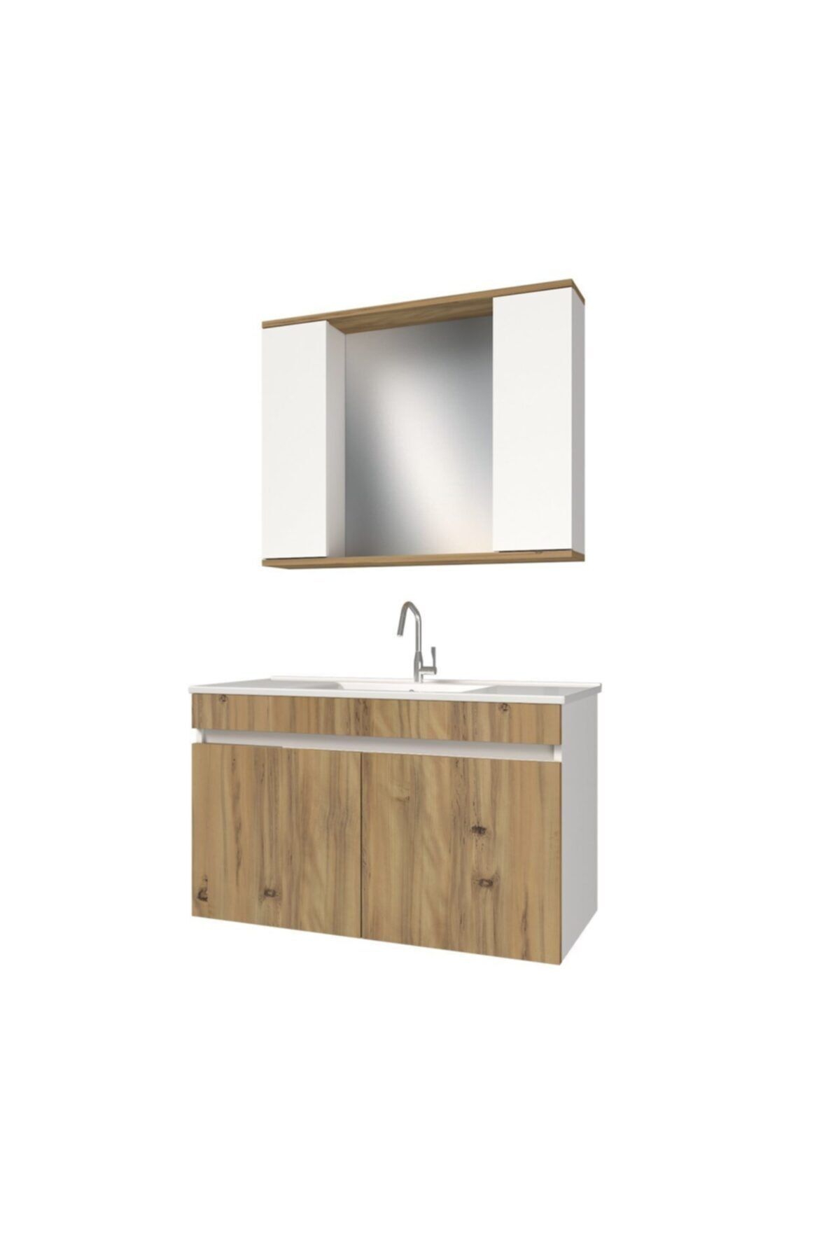 banos Kl3 Ayaksız 2 Kapaklı Lavabolu Ceviz Beyaz Mdf 100 Cm Banyo Dolabı Aynalı Üst Dolabı