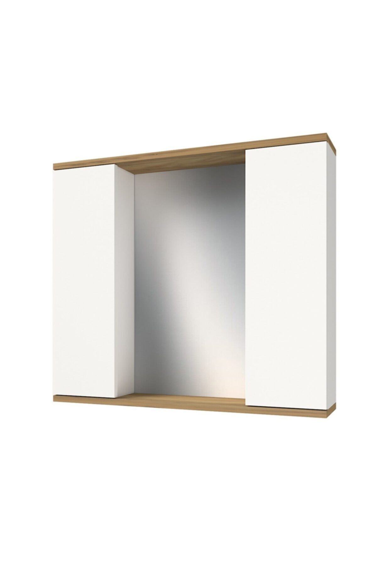 banos Ad3 Kulpsuz 2 Kapaklı Beyaz Ceviz Mdf 80 Cm Aynalı Banyo Üst Dolabı
