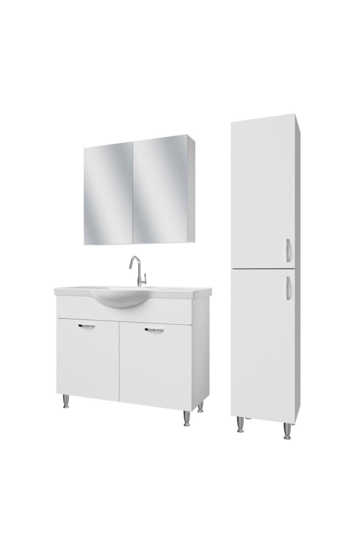 banos Tm1 Metal Ayaklı 2 Kapaklı Lavabolu Beyaz Mdf 100 Cm Banyo Dolabı Aynalı Üst Dolap Boy Dolabı