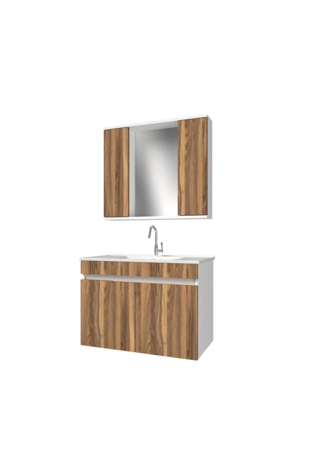 banos Kl7 Ayaksız 2 Kapaklı Lavabolu Tesbih Mdf 85cm Banyo Dolabı Aynalı Üst Dolabı