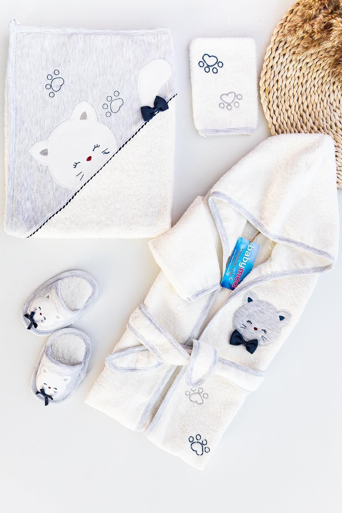 Babymod Kedi Figürlü Bebek Banyo Havlu Bornoz Seti