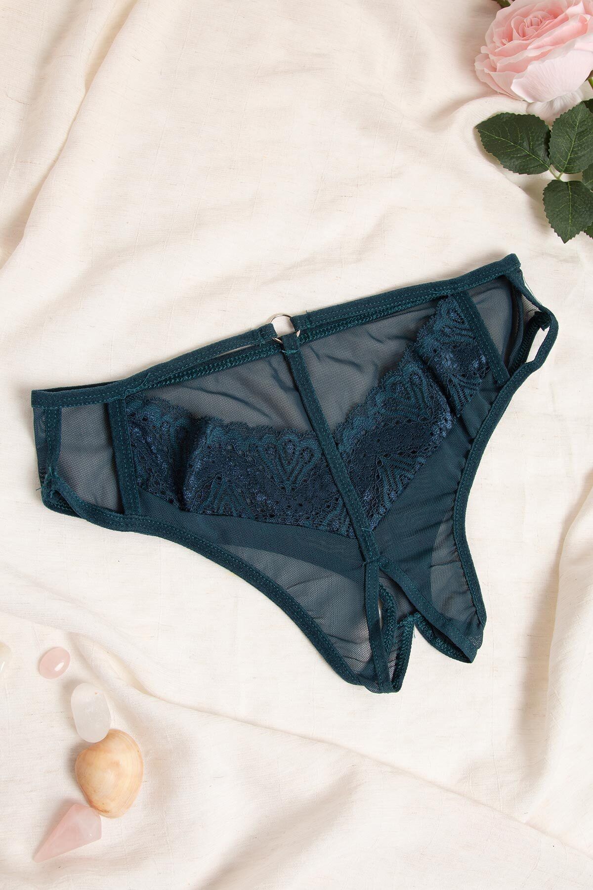 PrettyChic Kadın Petrol Yeşil Özel Bölgesi Açık Tül Slip Külot