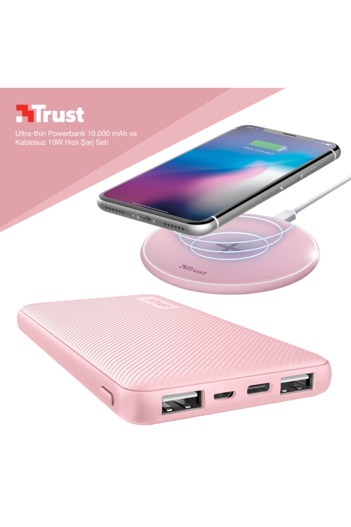 Trust Primo Ultra Pembe 10.000 Mah Hızlı Şarj Powerbank Ve Qylo Qi 10w Hızlı Kablosuz Şarj Cihazı