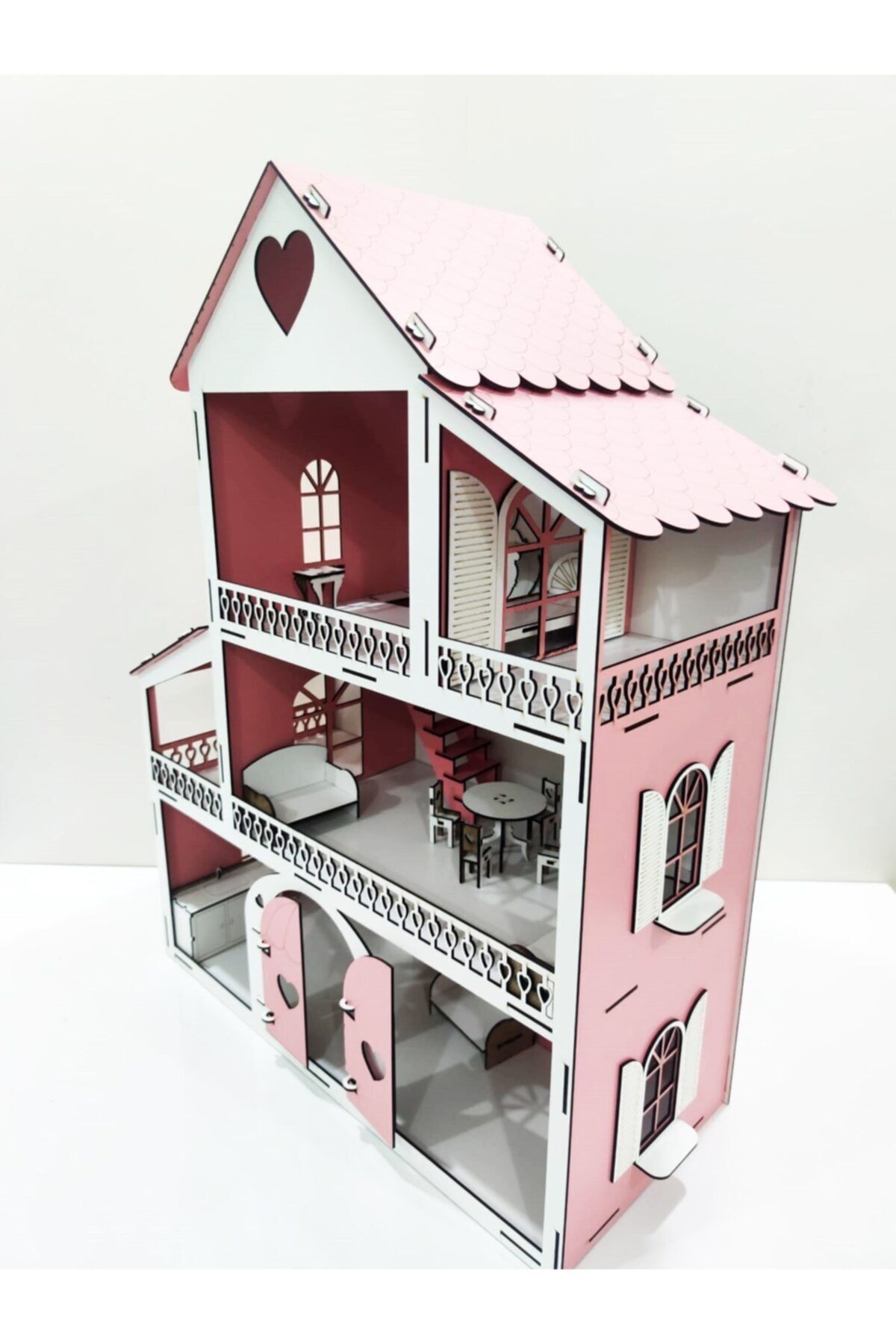 EmAyCenter Işıklı, Demonte Ahşap Büyük Boy Kapılı Mobilyalı Prenses Oyun Evi Maket Ev Barbie Tarzı - Pembe