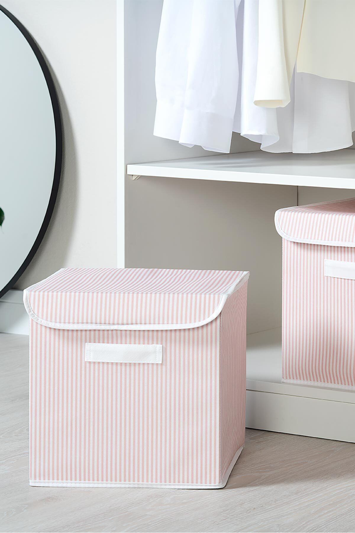 OCEAN HOME Pembe Çizgi Desenli Kapaklı Kutu // 30x30x30