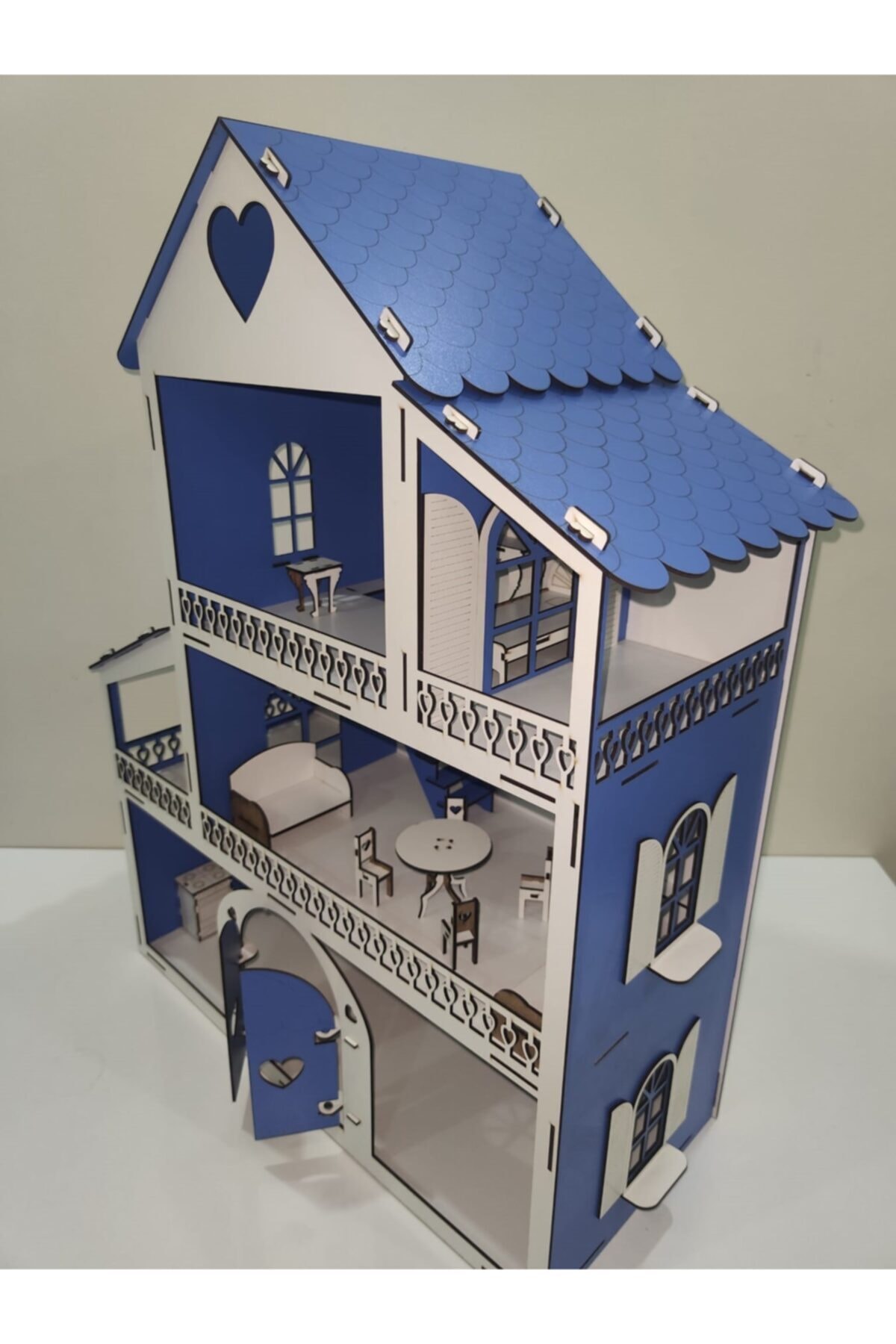 EmAyCenter Mavi Işıklı, Demonte Ahşap Büyük Boy Kapılı Mobilyalı Prenses Oyun Evi Maket Ev Barbie Tarzı -