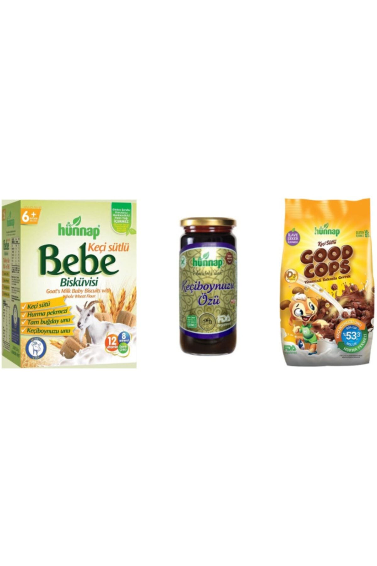 Hünnap Keçi Sütlü Kahvaltılık Mısır Gevreği 300 gr. Bebek Bisküvisi 400 gr. Keçi Boynuzu Özü 500 ml.