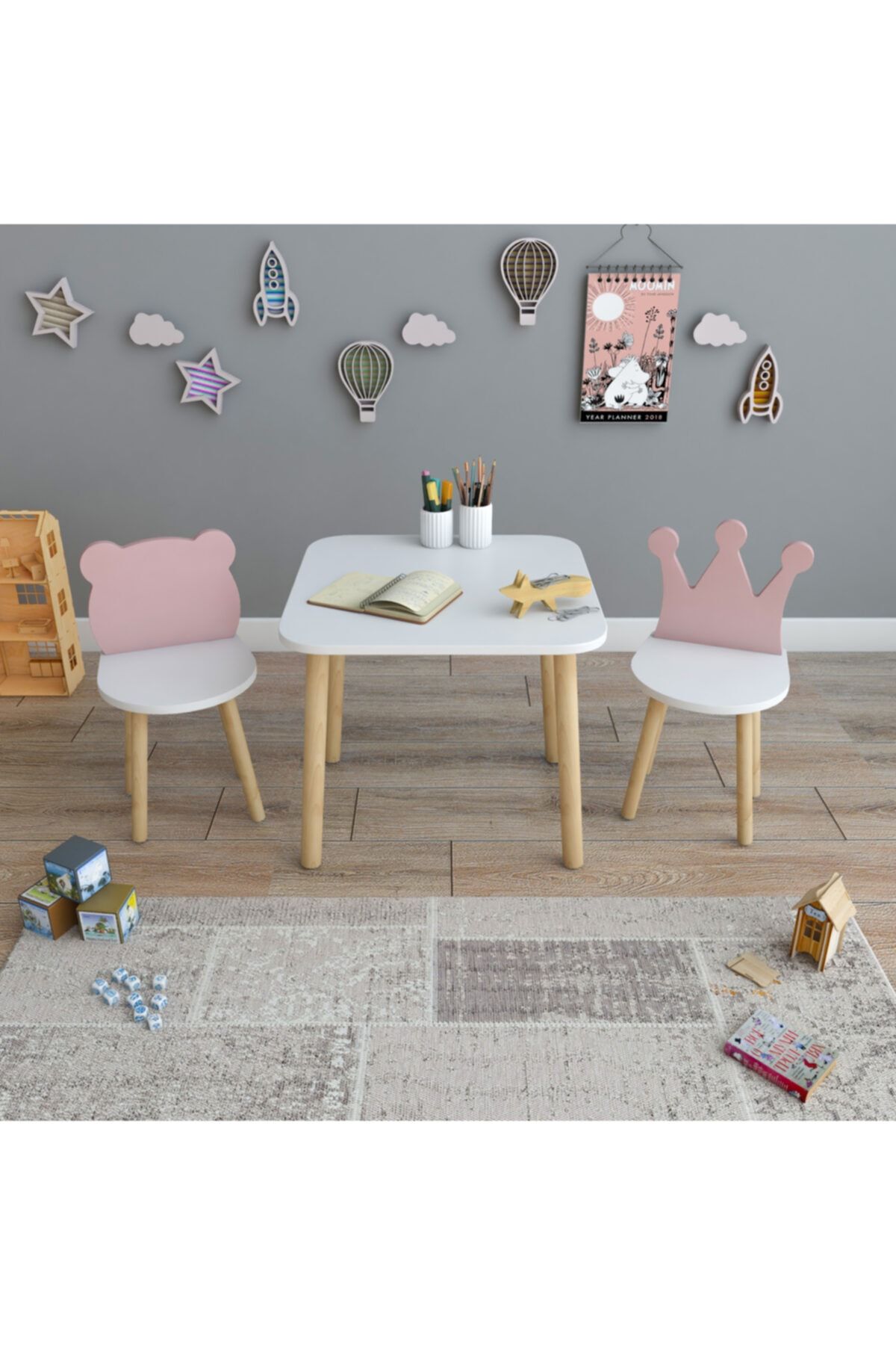 MİBU MOBİLYA Çocuk Çalışma Masası Oyun Etkinlik Masası (TAÇ & AYICIK MODELİ) Pembe&beyaz