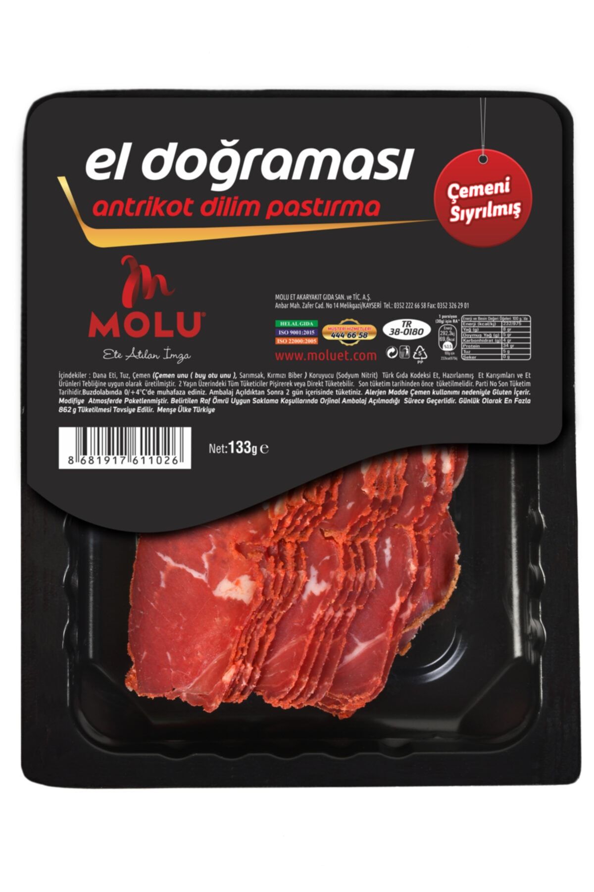 Molu El Doğrama Antrikot Dilim Pastırma Çemensiz 133 gr