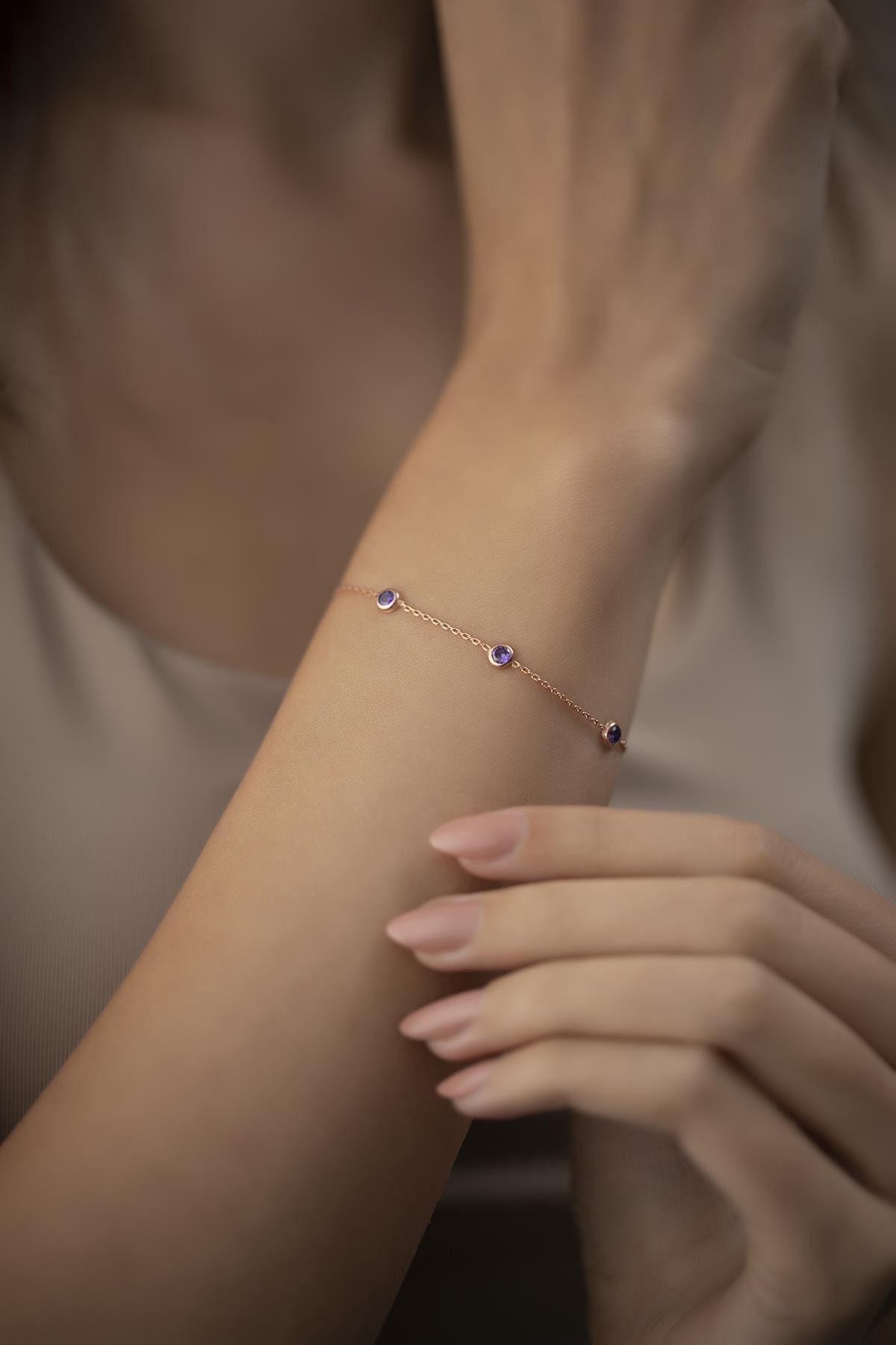 Ninova Silver Ametist Taşlı Model Rose Kaplama Gümüş Bileklik