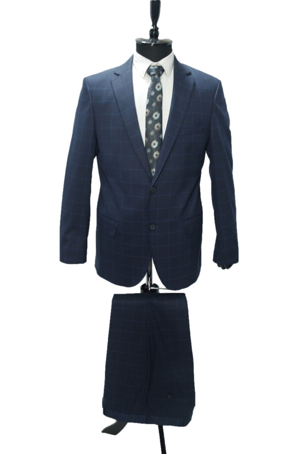 İmza Slimfit Lacivert Ekose Takım Elbise