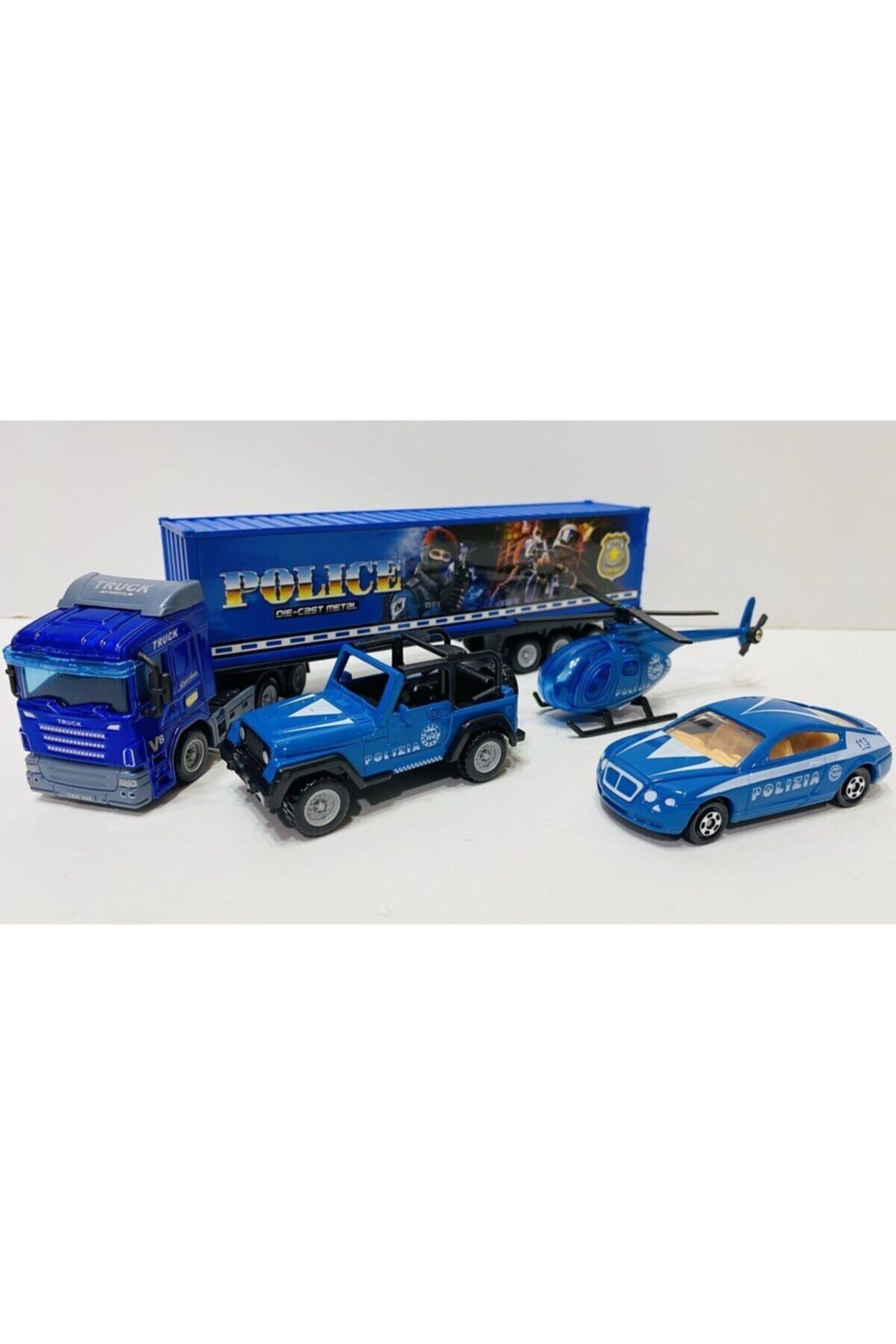 toysandmore Tır Helikopter Jeep Araba Polis Seti Metal Die Cast Oyuncak Seti 4 Parça