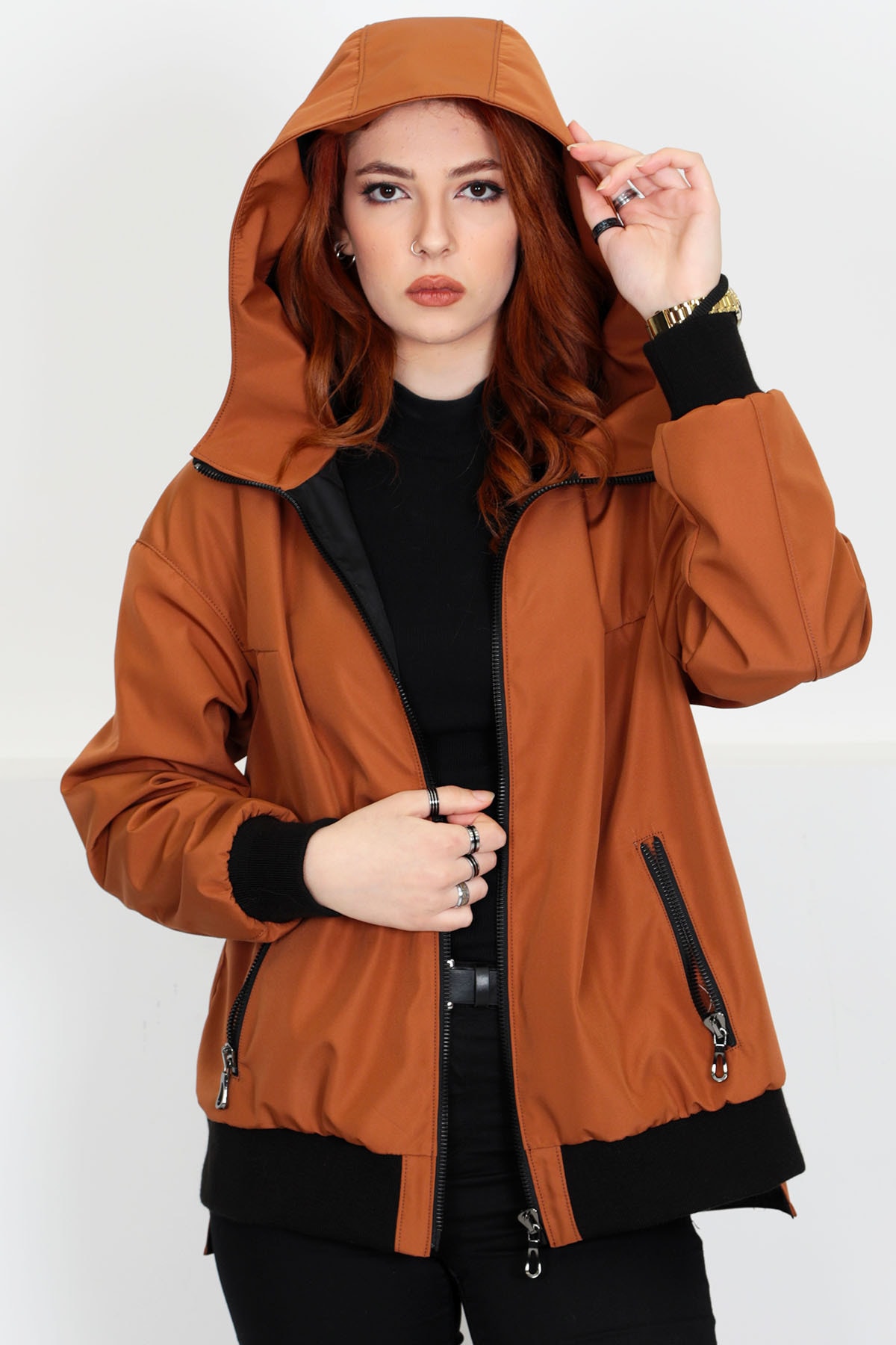 By Marki Marki Kadın Taba Oversize Kapüşonlu Baharlık Yağmurluk