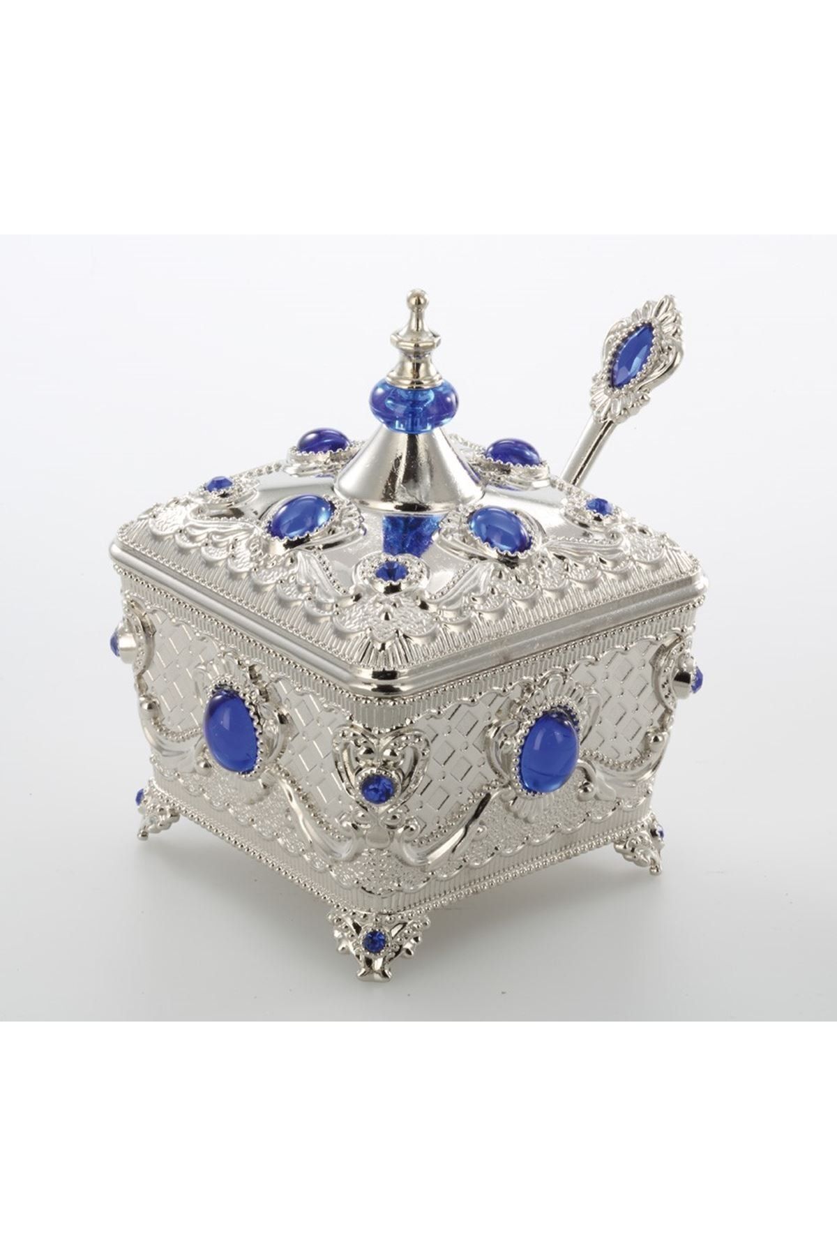 MOS'EV Gümüş Yeşil Taşlı Kaşıklı Kare Şekerlik 12x9cm
