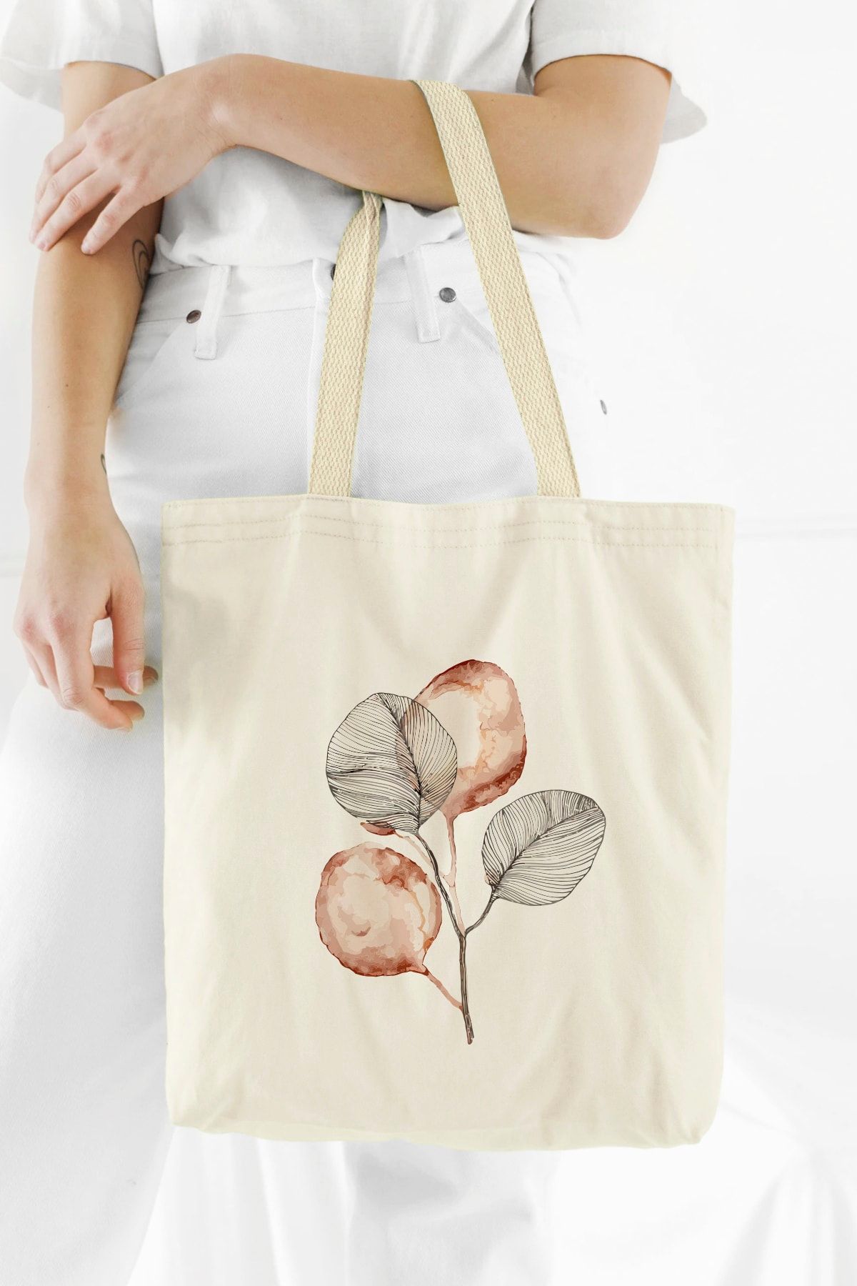 Bagg Kadın Bej Kanvas Brown Flower Baskılı Bez Çanta