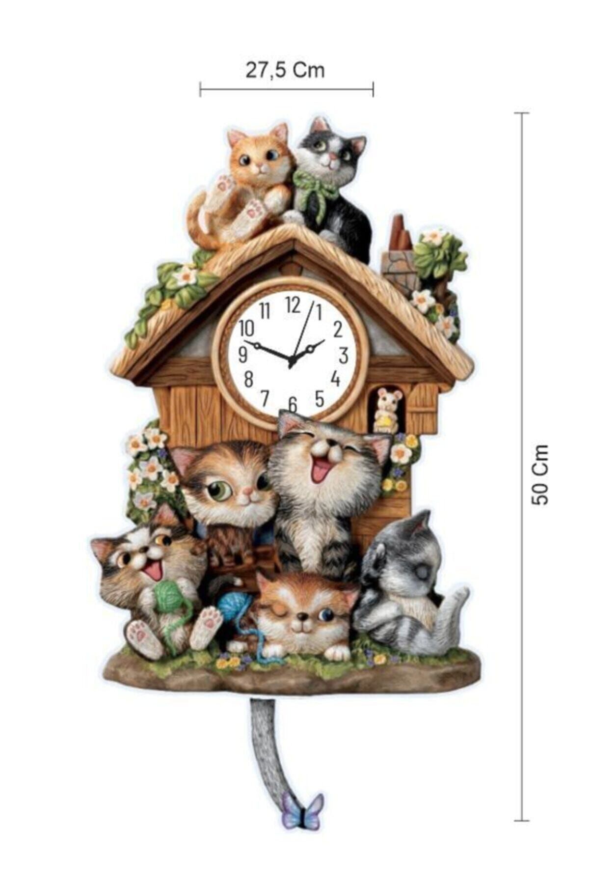 Biomak Sarkaçlı Duvar Saati Sevimli Kedi Dekoratifli Ahşap Hediyelik Sallanır Saat 50 X 27,5 3 Mm Mdf