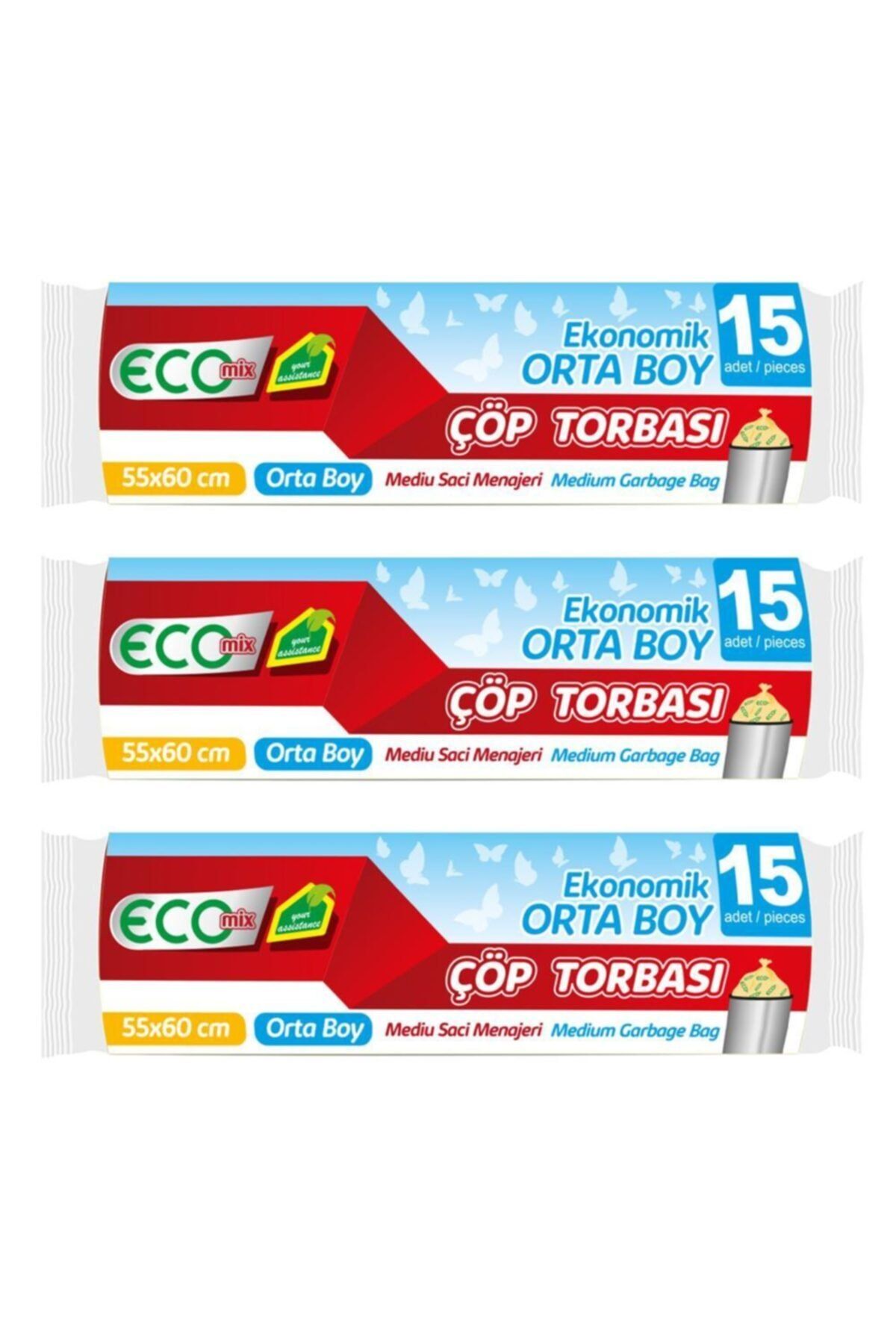 ecomix Ekonomik Orta Boy Çöp Torbası (1 Rulo 15 Adet) 3'lü Paket