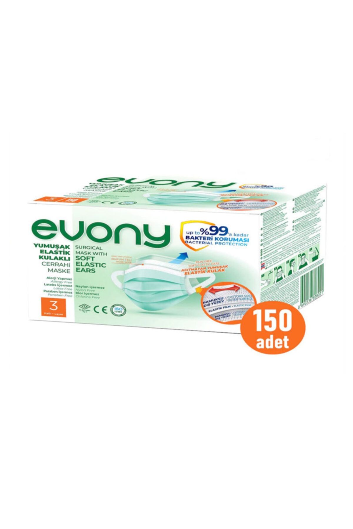 Evony Yumuşak Lastikli Full Ultrasonic Maske 50'li Paket 150 Adet