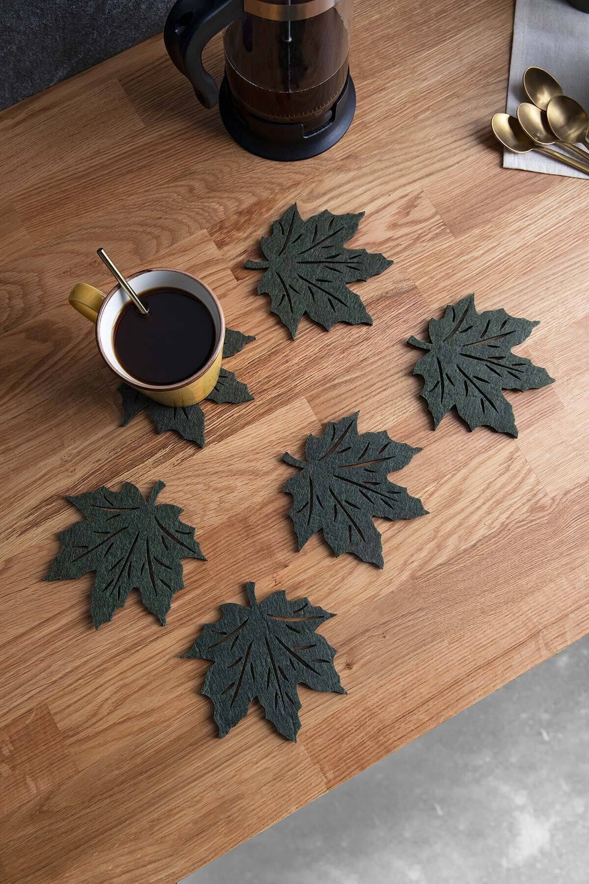 OCEAN HOME 6'lı Yaprak Model Yeşil Keçe Bardak Altlığı