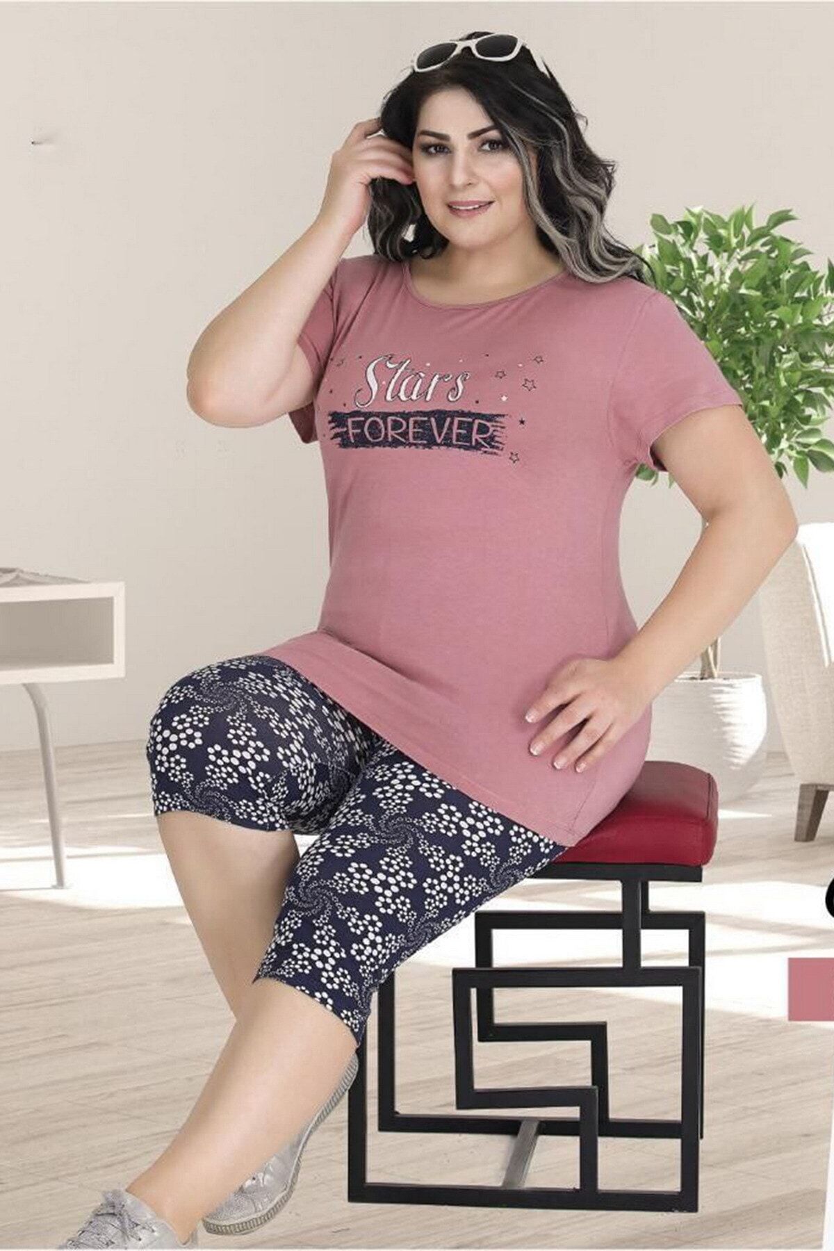 Hayal Sepeti Büyük Beden Penye Kumaş Kapri Pijama Takımı