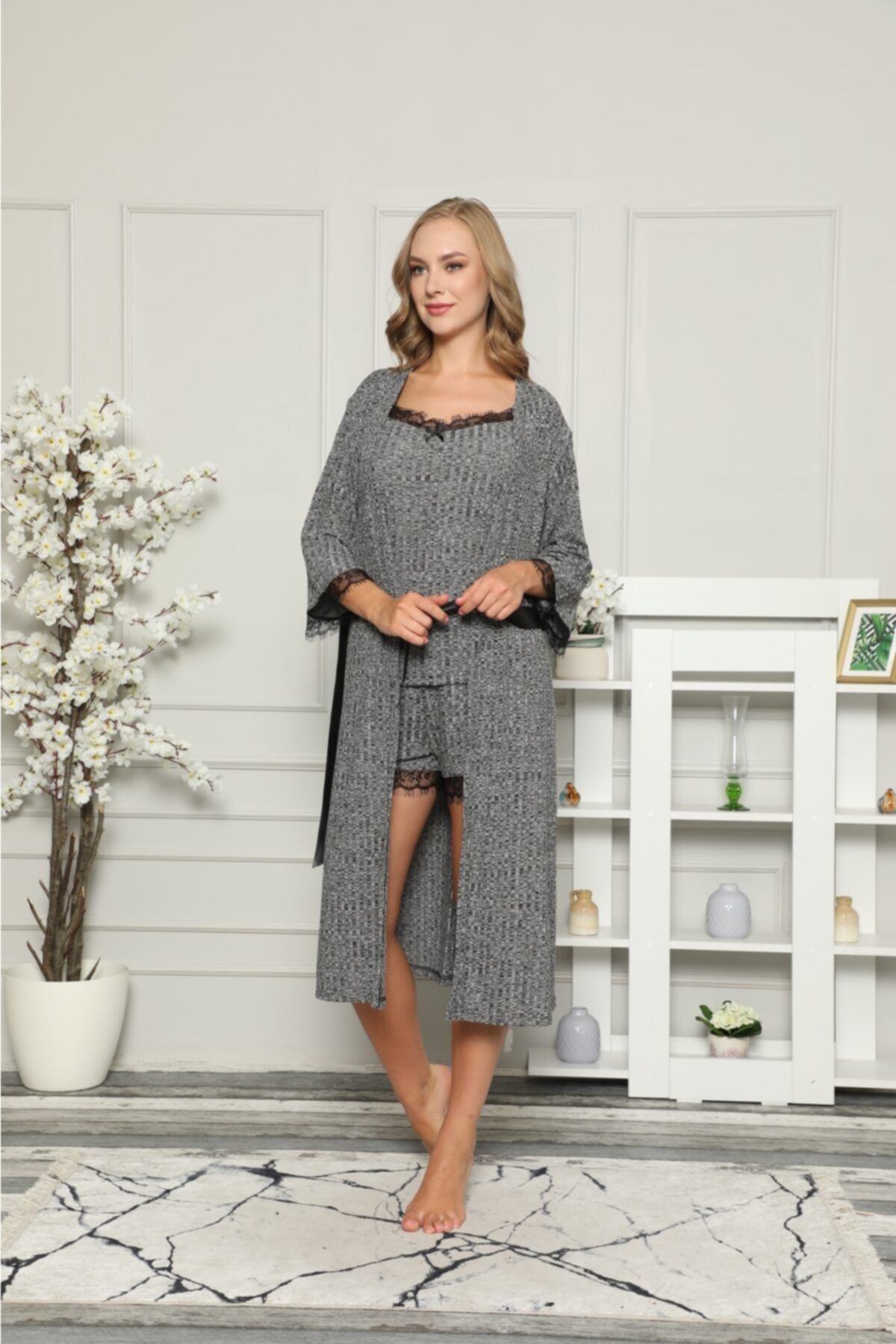 BERİN HOMEWEAR Kadın Kaşkorse Sabahlıklı Şortlu Takım