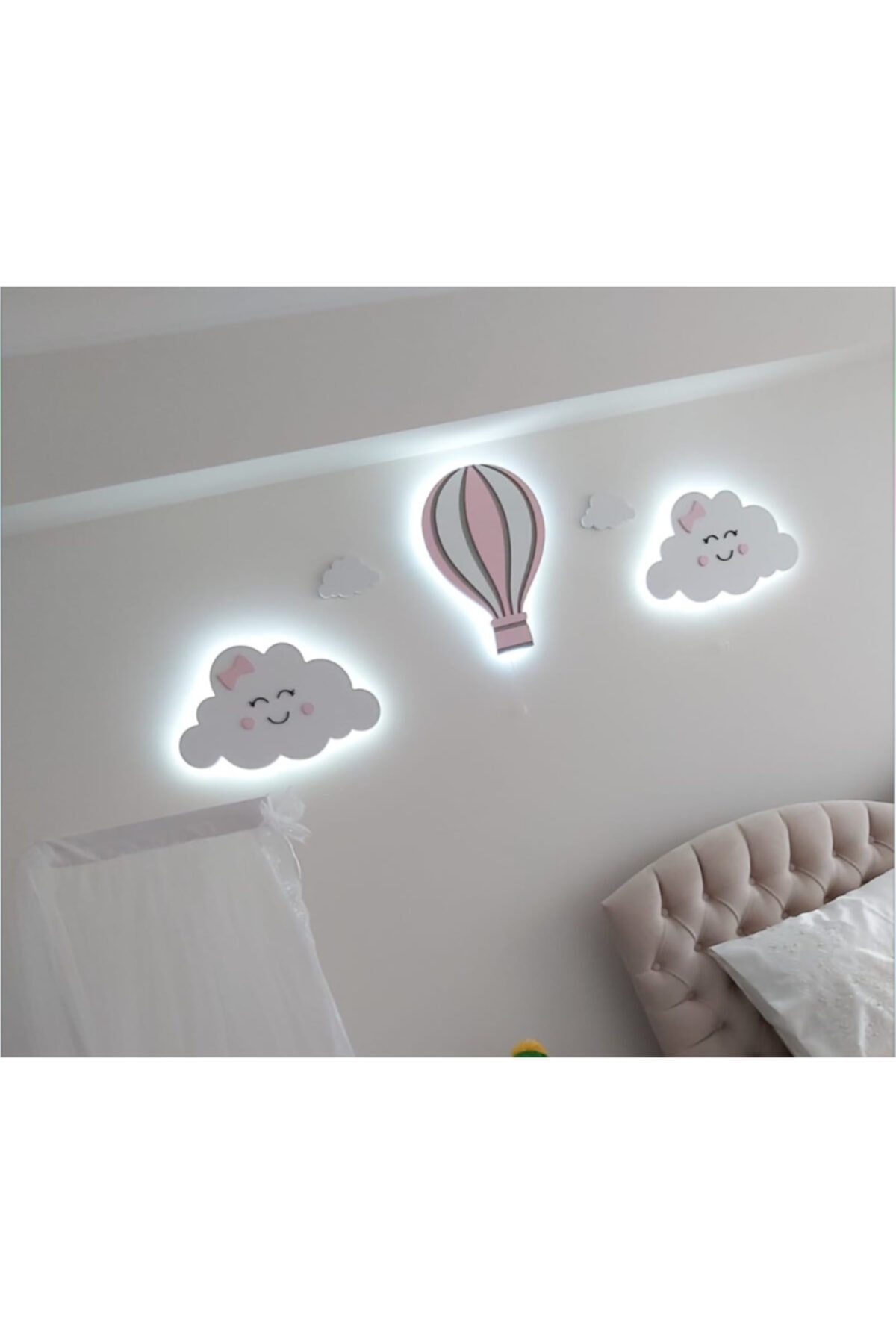 Mimus Baby Gülen Yüzlü Bulut Ve Uçan Balon Pembe 3’lü Set Ahşap Lamba Ve 100 Yıldız Gümüş Sticker