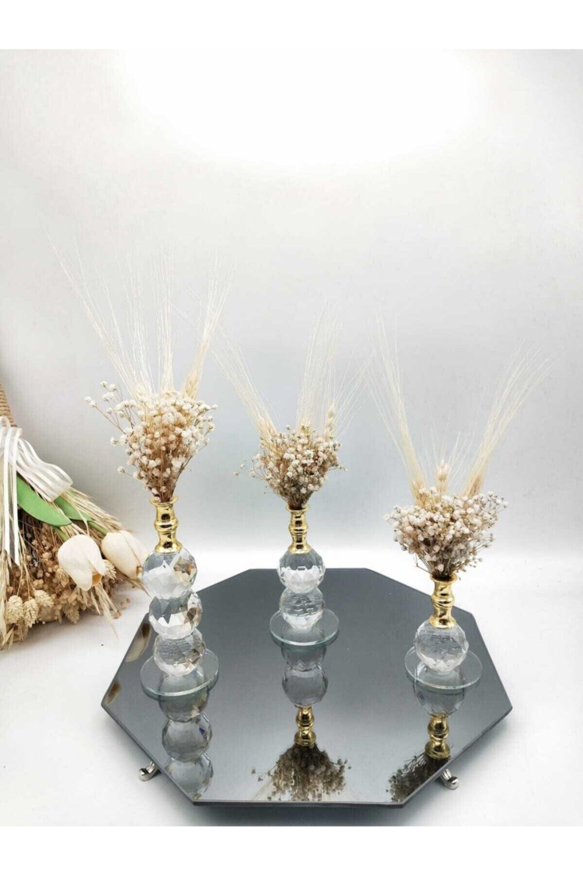 ZEKAAVM Gold Kristal Krem Çiçekli Set 3 lü