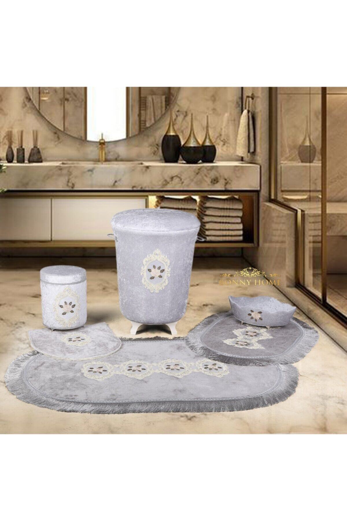 Bonny Home Shems Gri 6 Parça Fransız Dantelli Banyo Kirli Çamaşır Sepeti ve Klozet Takımı