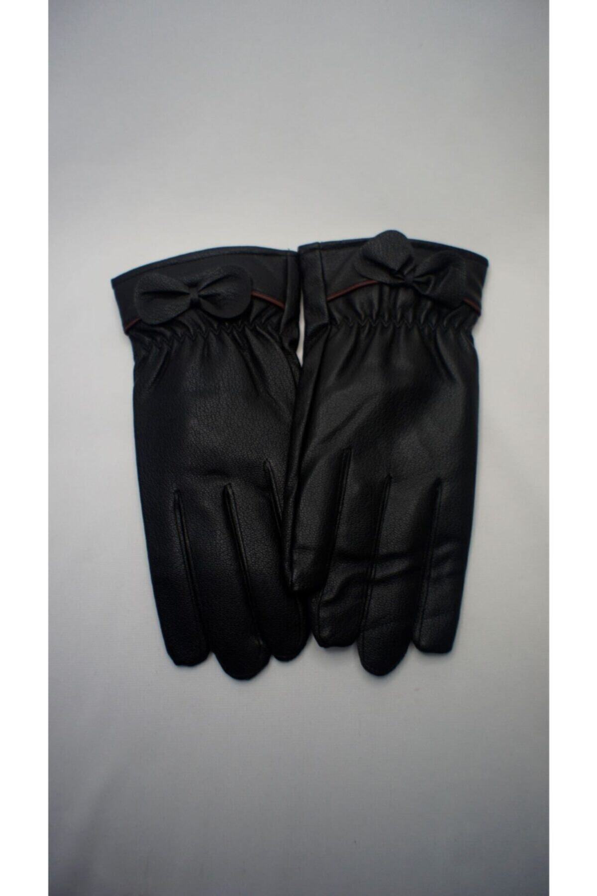HPCOLLECTİON Siyah Fiyonklu Suni Deri Eldiven