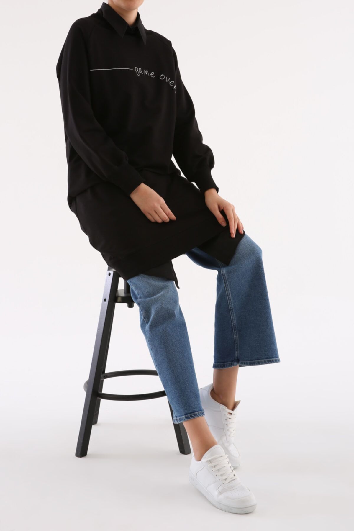 ALLDAY Siyah Nakışlı Reglan Kol Sweat Tunik
