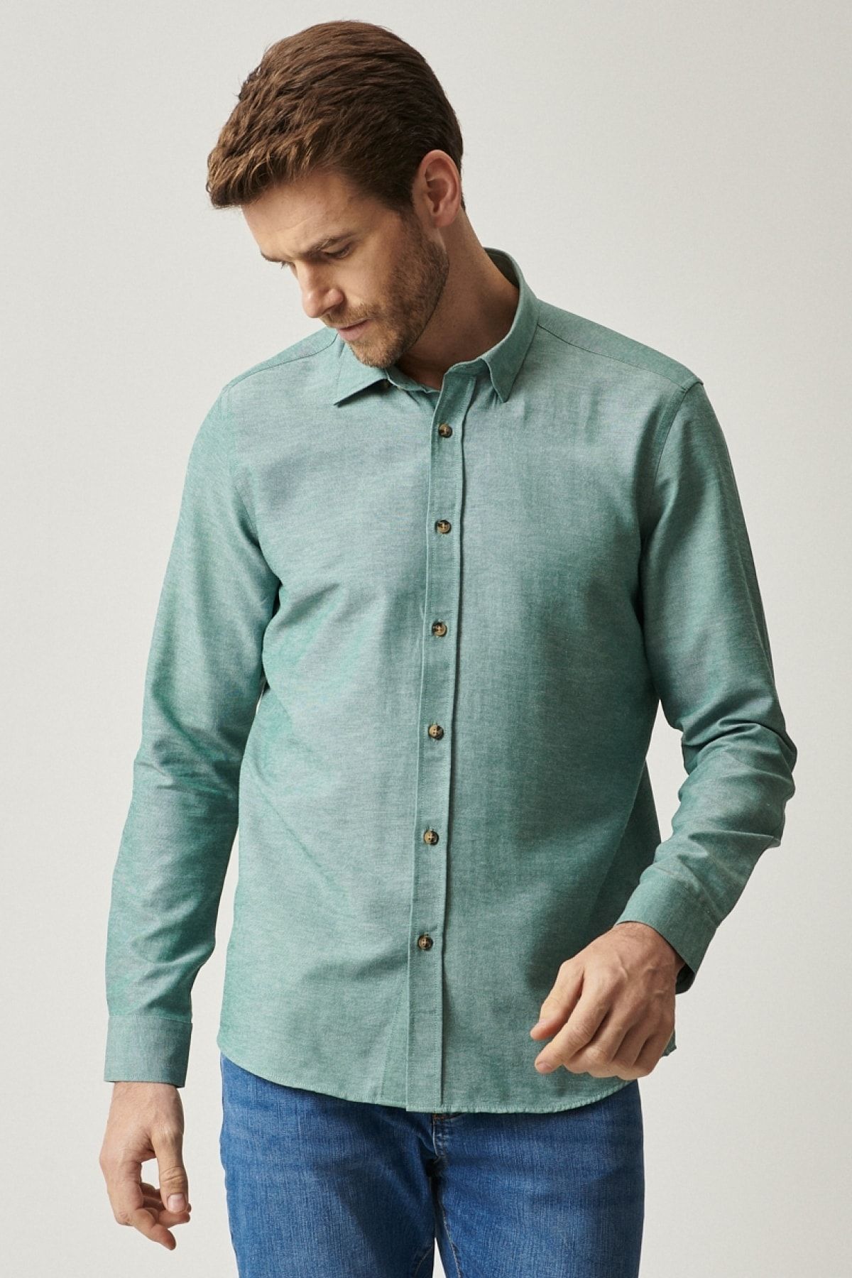 AC&Co / Altınyıldız Classics Erkek Yeşil Tailored Slim Fit Dar Kesim Düğmeli Yaka Oxford Gömlek