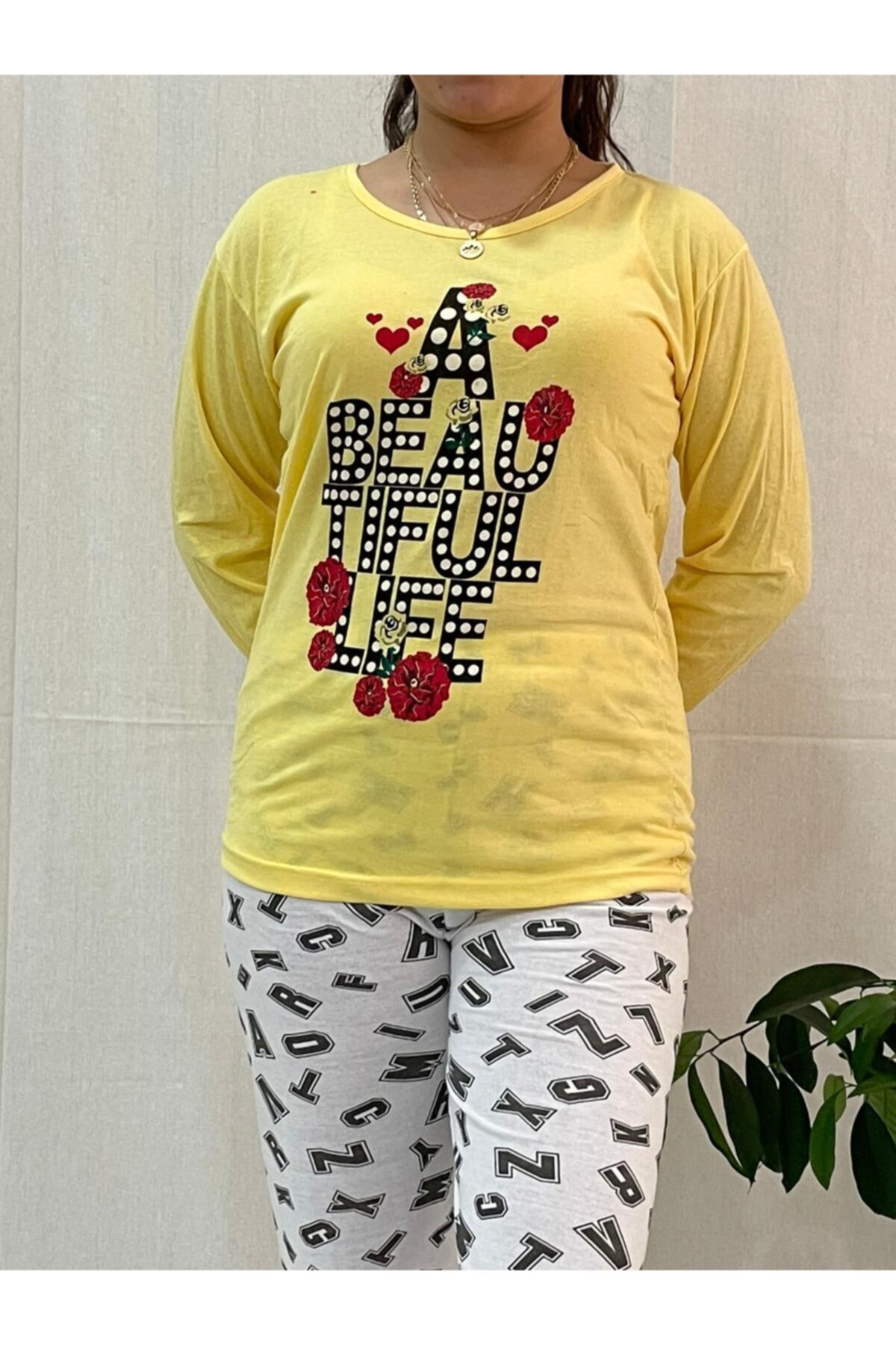 USLULAR Kadın Sarı Kalpli Baskılı Uzun Kollu Pijama Takım