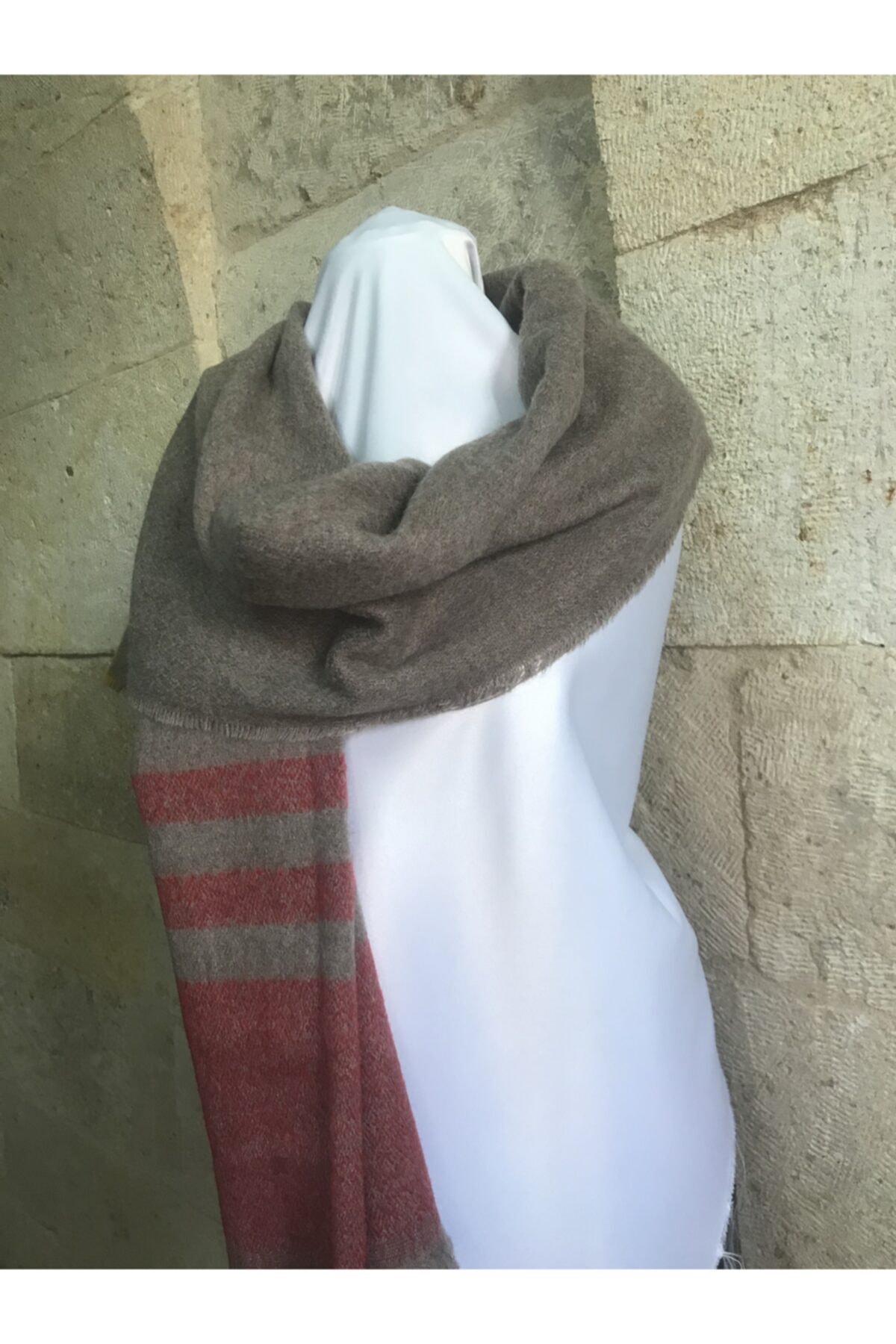 Ebru Sanat Evi Unisex Basic Devetüyü Rengi Çizgili Yünlü Atkı