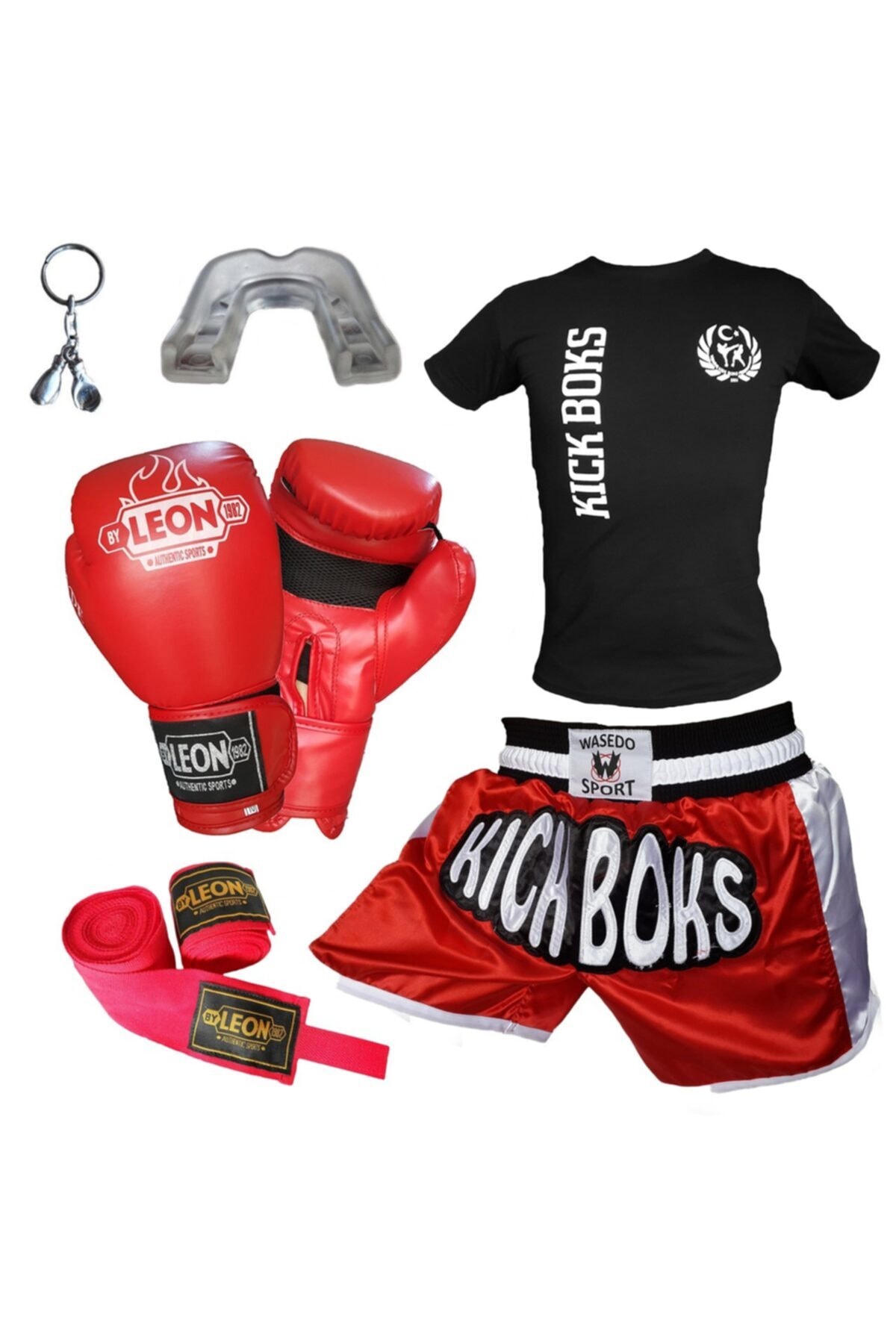 By Leon 1982 Boks Eldiveni, Kick Boks Şortu, Tişört, Bandaj, Dişlik Seti Kırmızı 6p