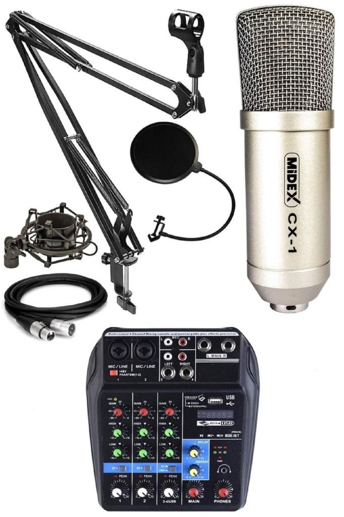 Midex Cx1 Condenser Mikrofon Ses Kartlı Mikser + Stand + Filtre
