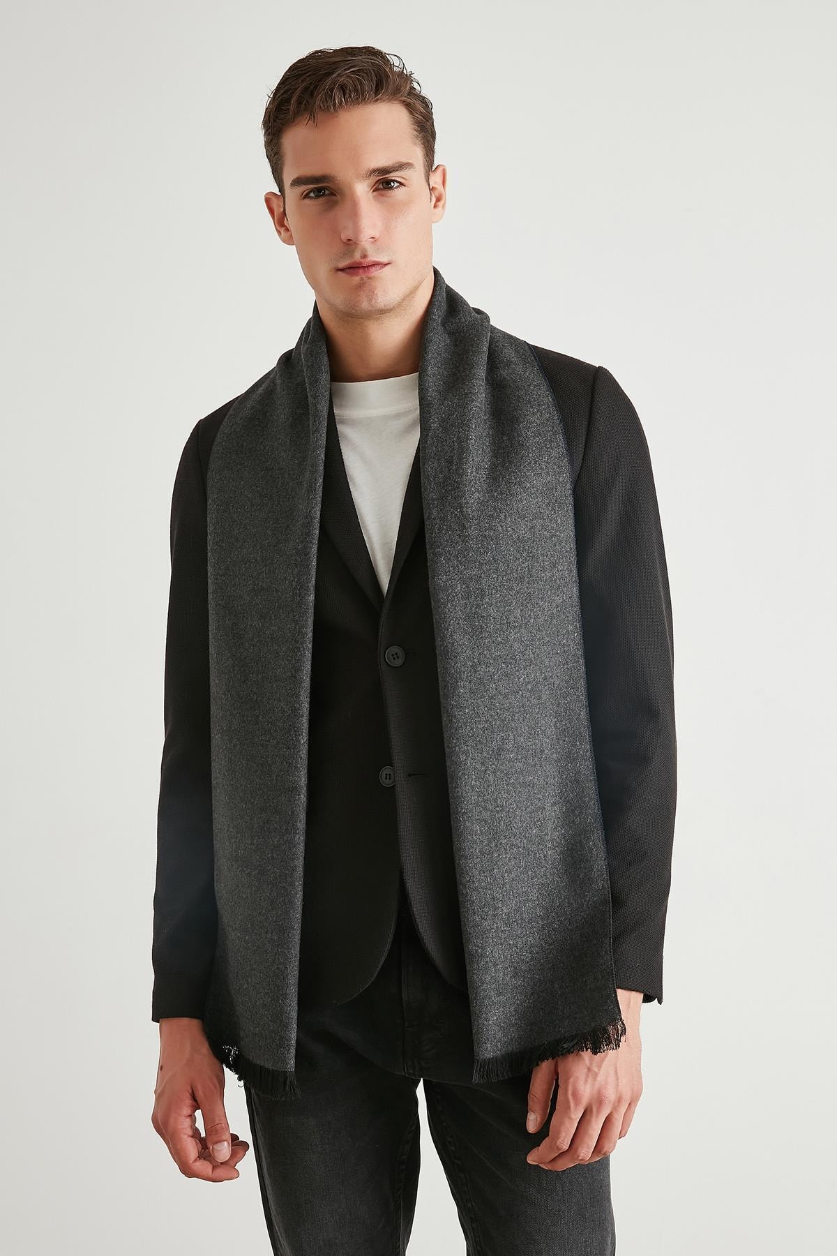 YLondon 13404 Çift Taraflı Gri-Lacivert Kaşmir Atkı