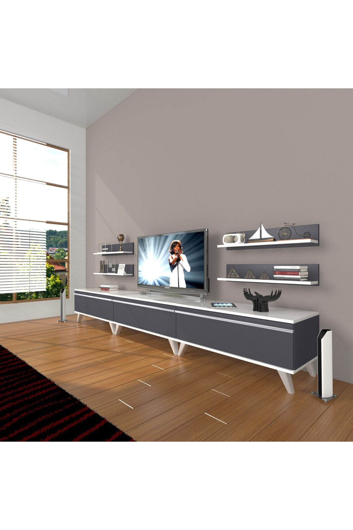 Decoraktiv Eko 270r Mdf Retro Tv Ünitesi Tv Sehpası Beyaz Antrasit