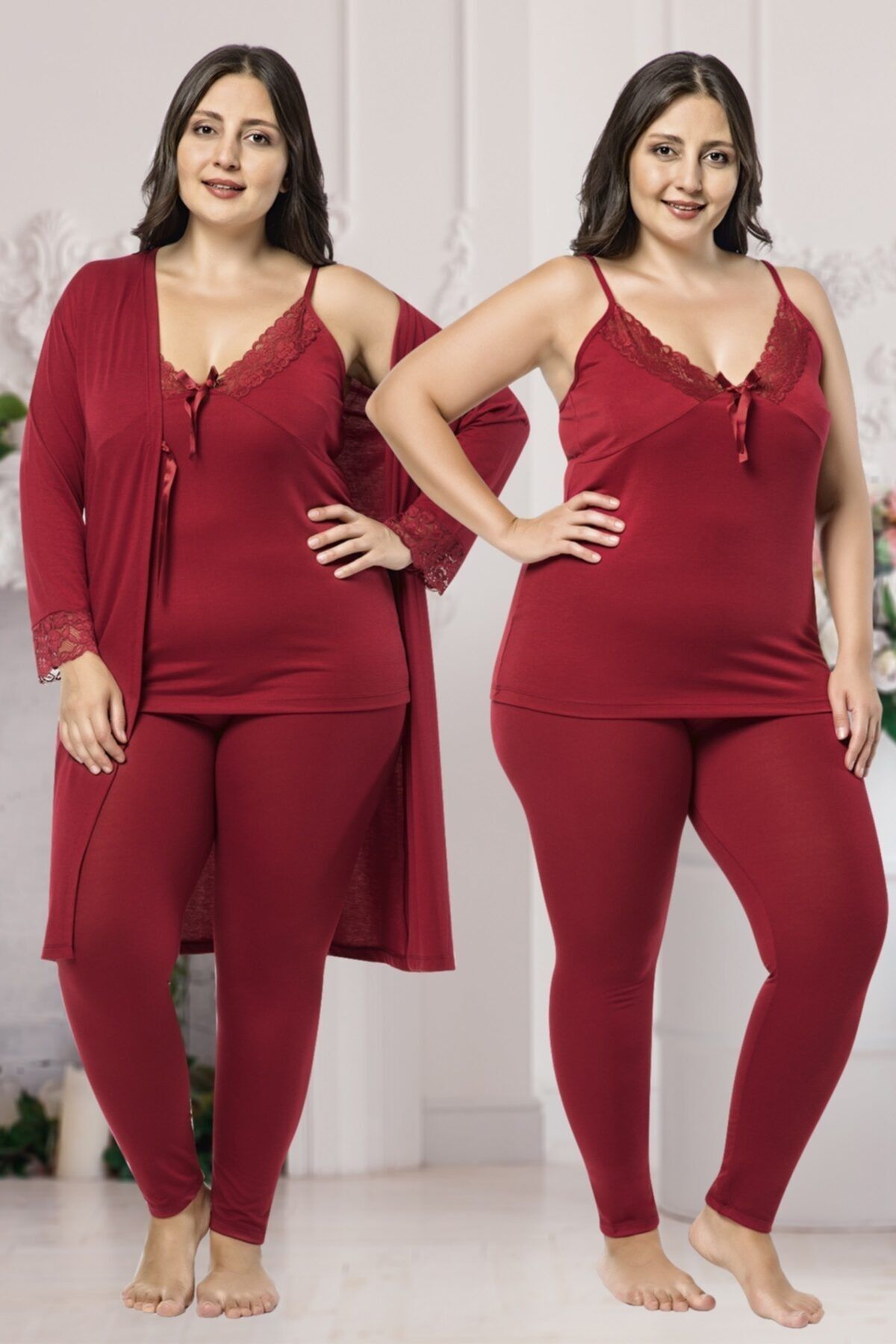 MODAREYA Sabahlıklı Taytlı Dantelli Fantazi Büyük Beden Pijama Takım