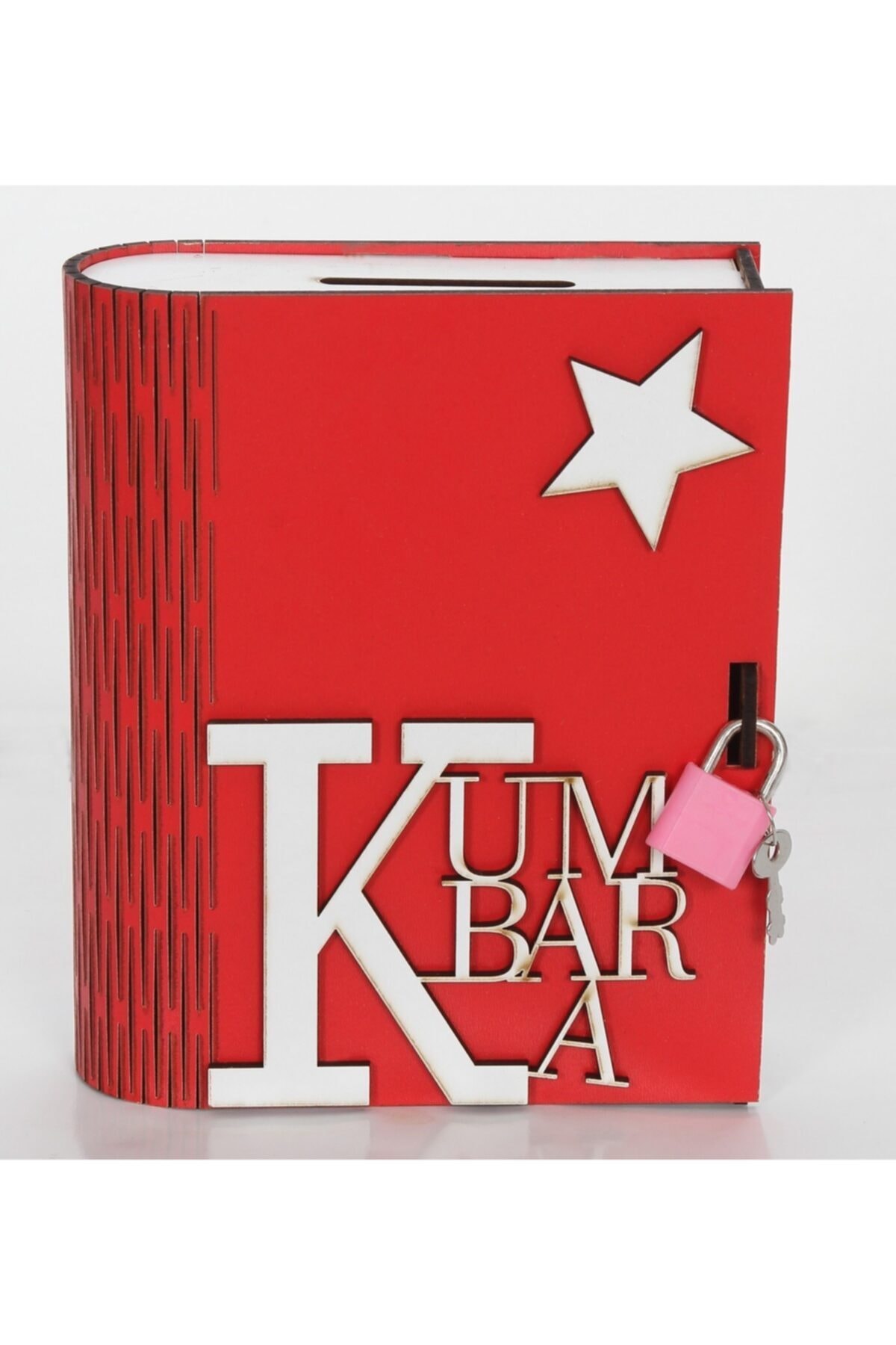 EmAyCenter Anahtarlı Ahşap Kitap Kumbara Kırmızı Renk 3mm Mdf Kabartmalı Yazılı
