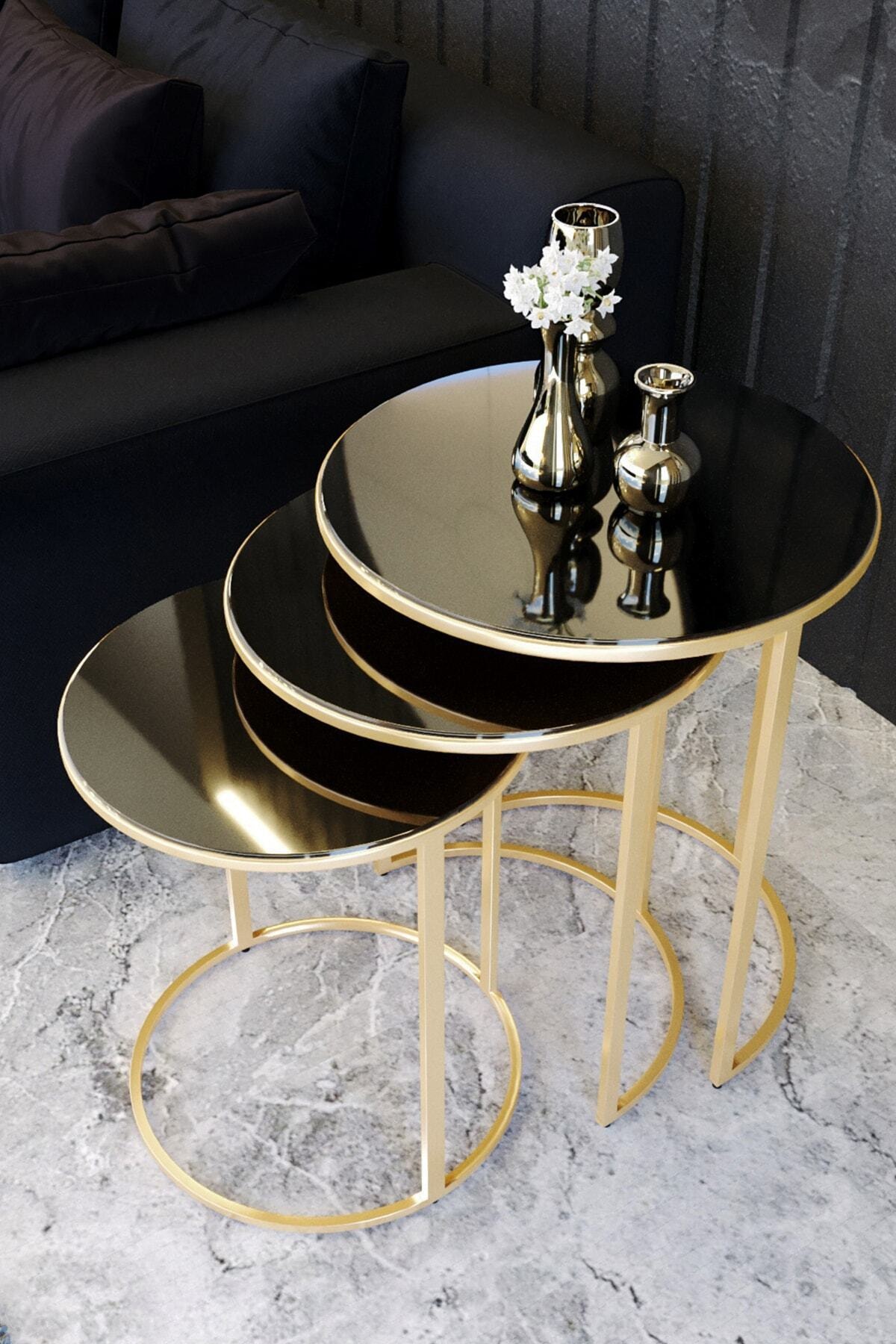 Uygun Lüx Siyah Ayna Yuvarlak Zigon Sehpa Gold Renk Metal Ayak 3'lü Takım