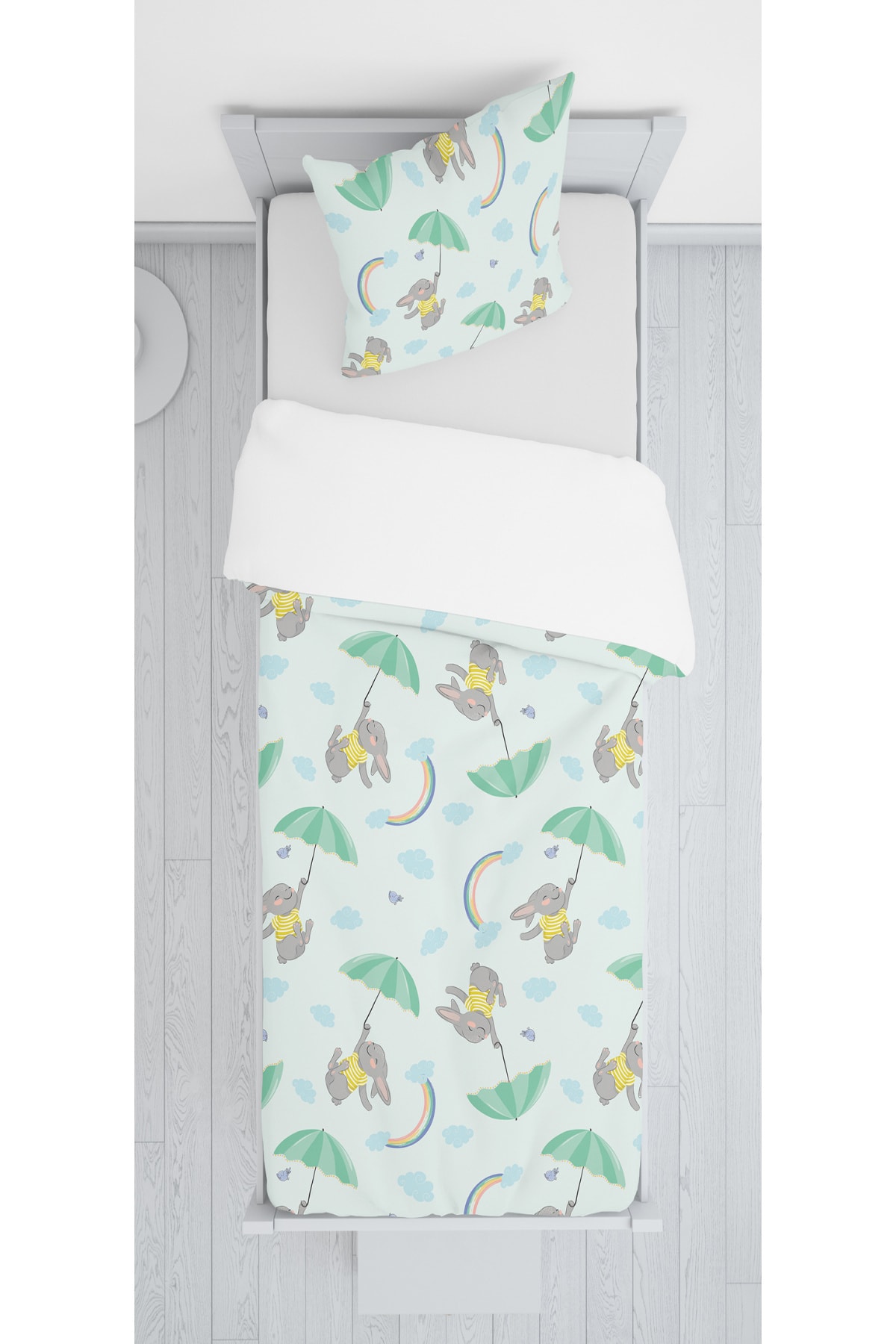 SEWINLAND Decoars Şemsiyeli Tavşan Figürlü Kadife Yatak Örtüsü Yastık Kılıfı Hediyeli