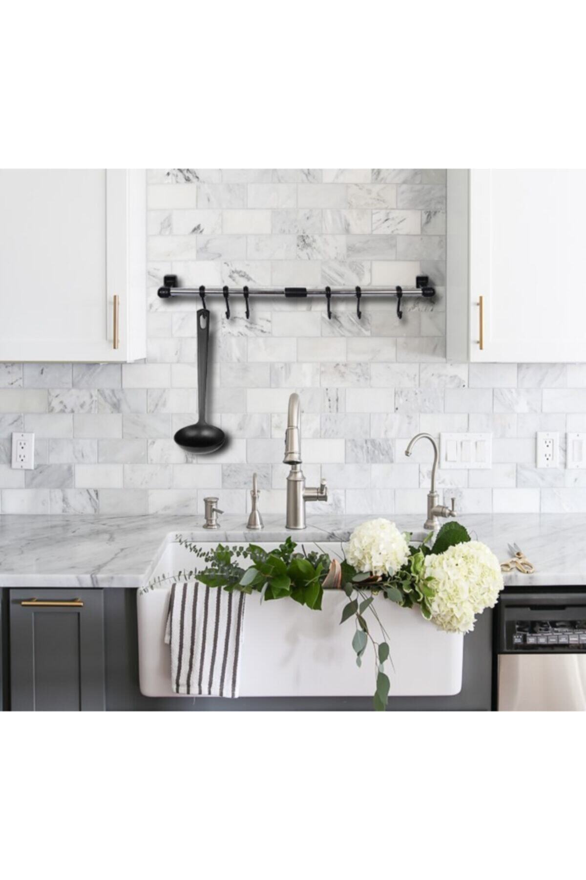 TMac Duvara Monte 6 Kancalı Fincan Ve Kaşık Askısı Gümüş 50cm