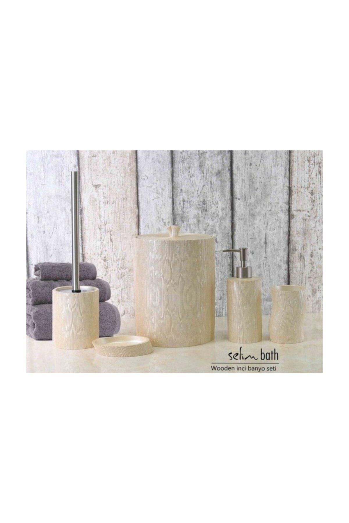 By Selim Home Wooden Inci Polyester 5 Parça Banyo Seti