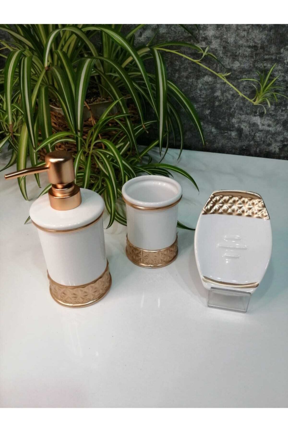 ACAR Beyaz Rose Altın Renk Detaylı Banyo Seti 3'lü