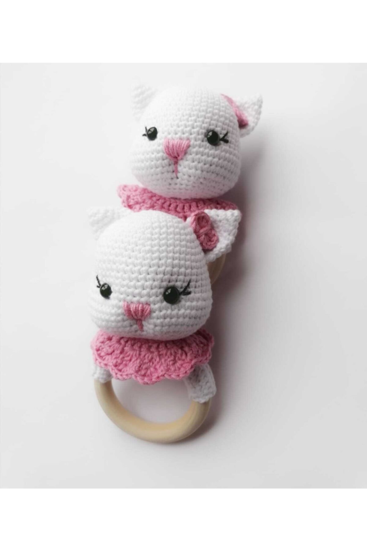 OYUNCAKPARK Pembe Beyaz Kedili Amigurumi Organik Çıngırak Oyuncak