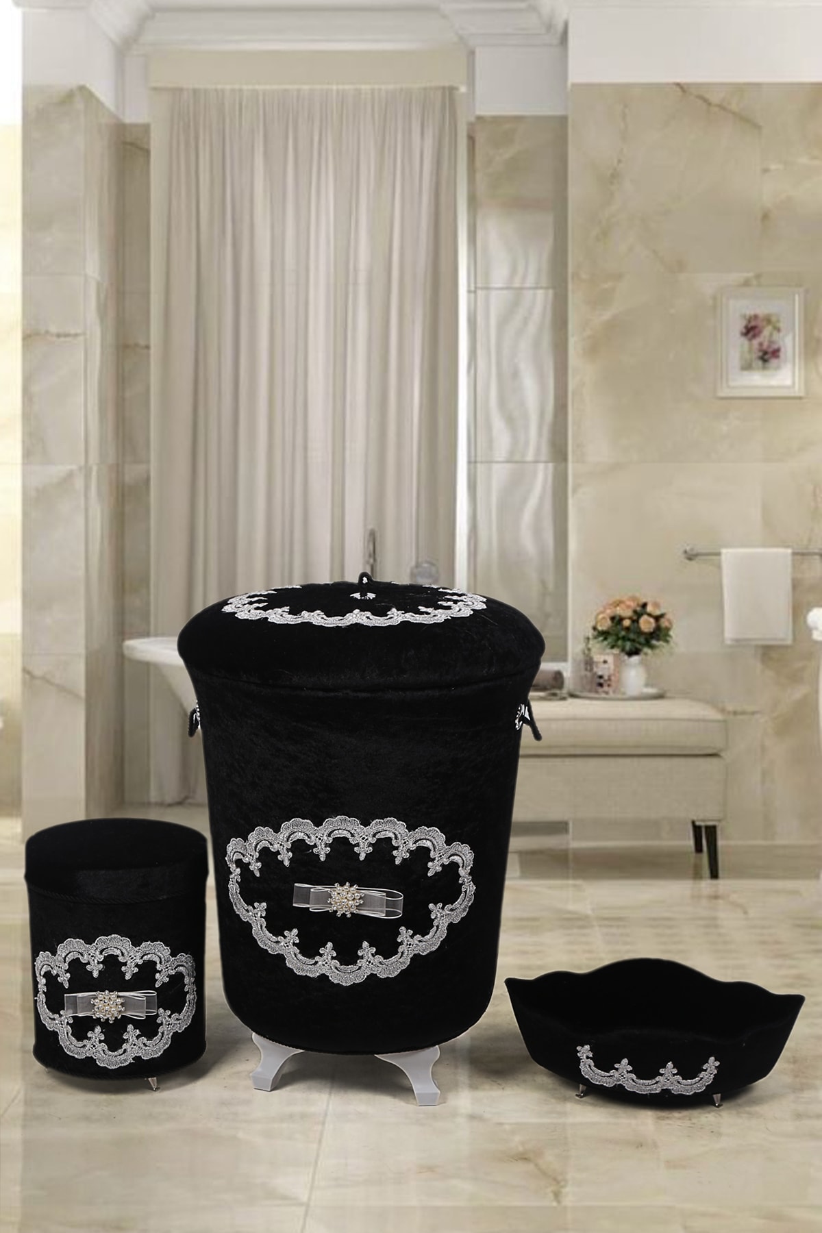 Bonny Home Galaxy Siyah Kadife Çeyizlik Dantelli Banyo Kirli Çamaşır Sepeti Seti 3'lü