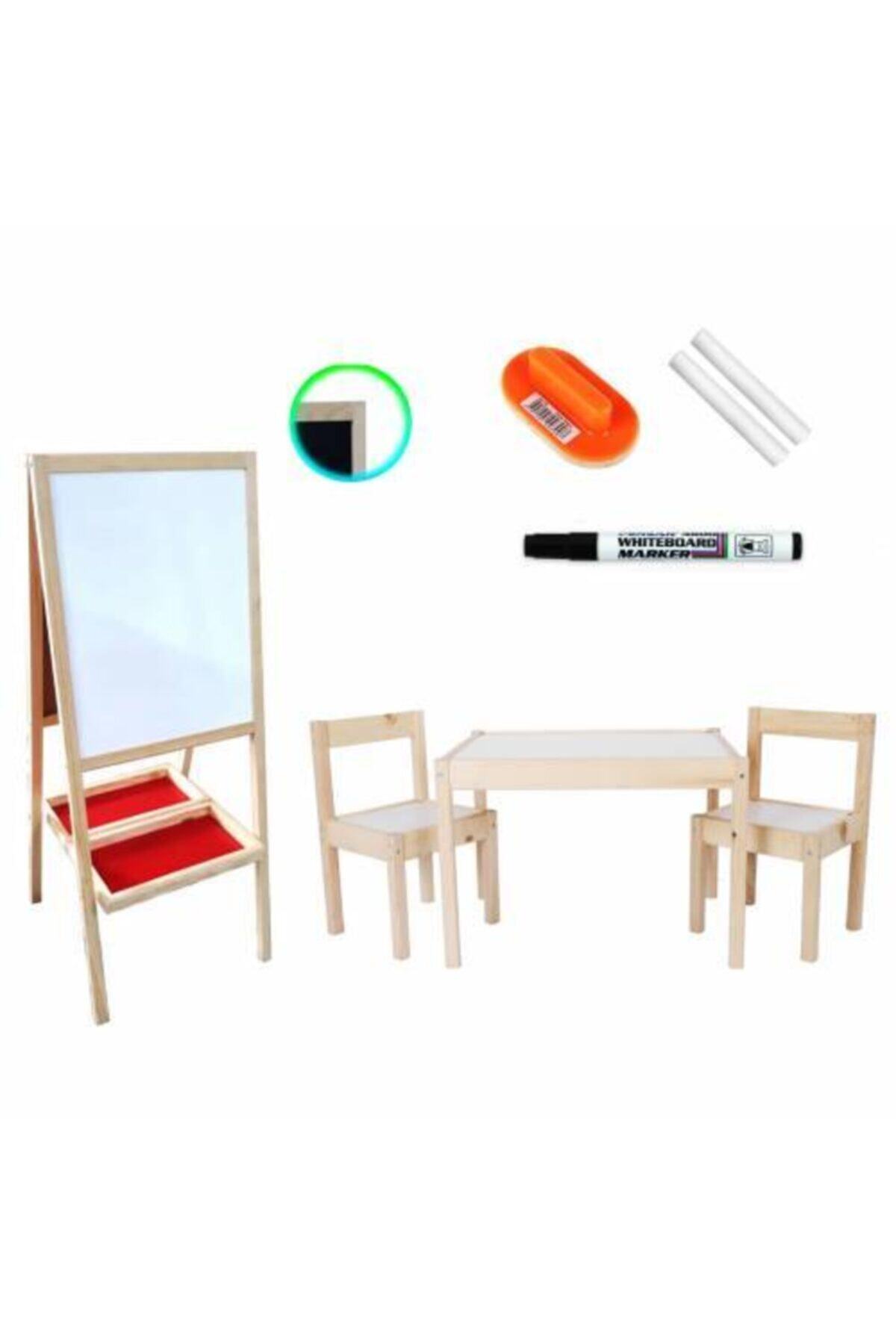 Mashotrend Ahşap Çocuk Masası + Ahşap Çift Taraflı Yazı Tahtası (Kara - Beyaz) + 2 Tebeşir + Kalem + Silgi