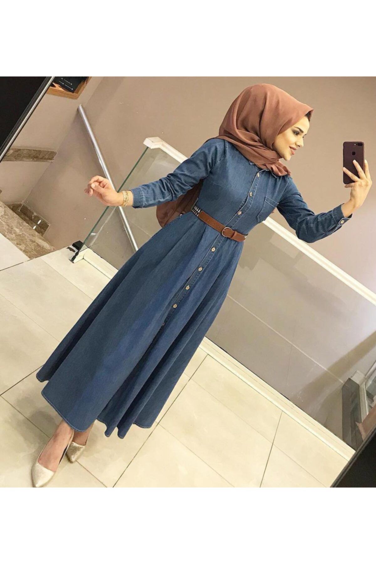 nehir moda Kadın Kemer Hediyeli Kot Elbise