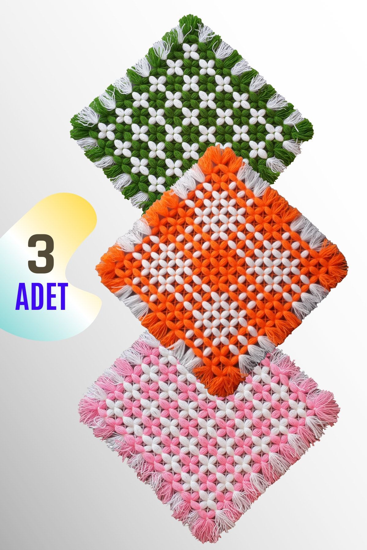 Göçmen Tuhafiye El Örgü Banyo Lifi Kese Lif (yeşil- Turuncu -pembe) 3 Lü Takım 28x28 Cm
